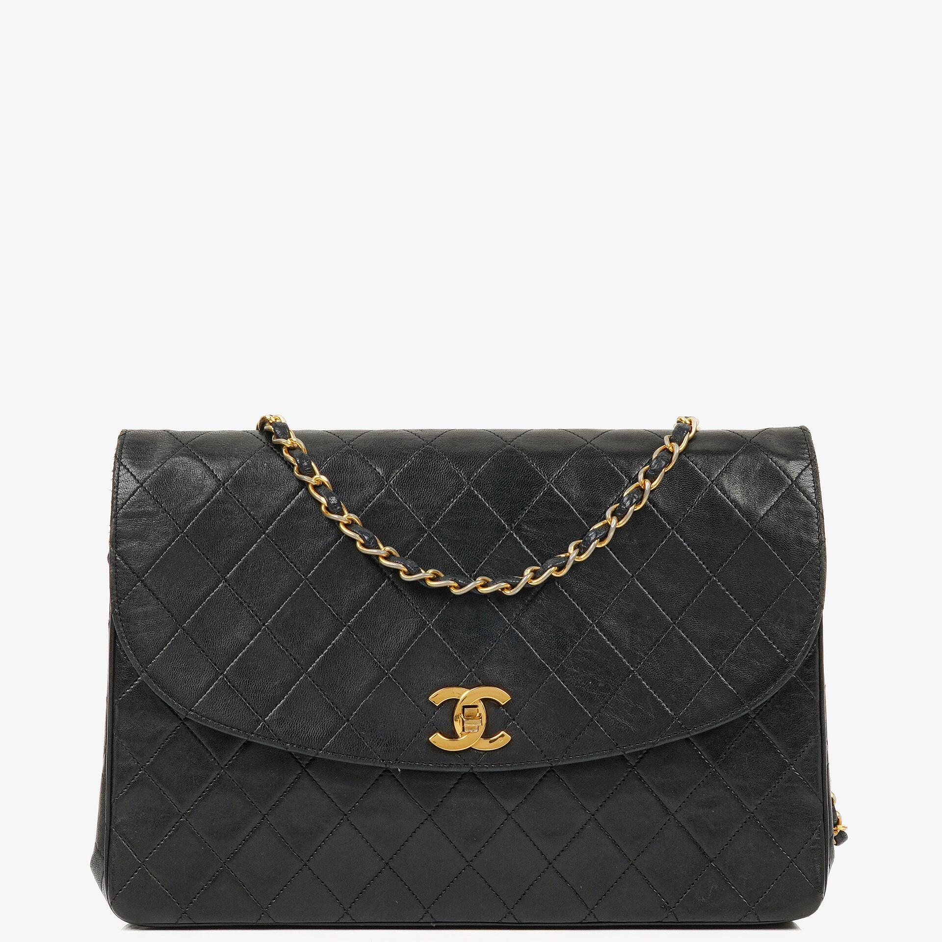 Chanel Vintage Large Half-Moon Single Flap Bag Black Quilted Lambskin 24K Gold-Plated Hardware, 1986-1988
