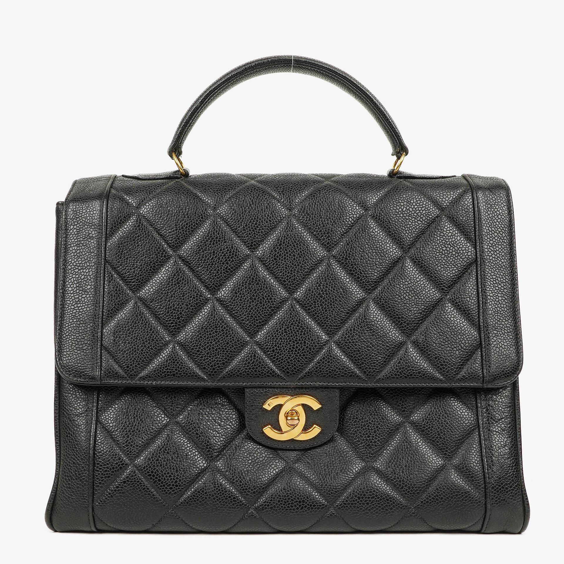 Chanel Large Kelly Top Handle Black Quilted Caviar Leather With 24K Gold-Plated Hardware