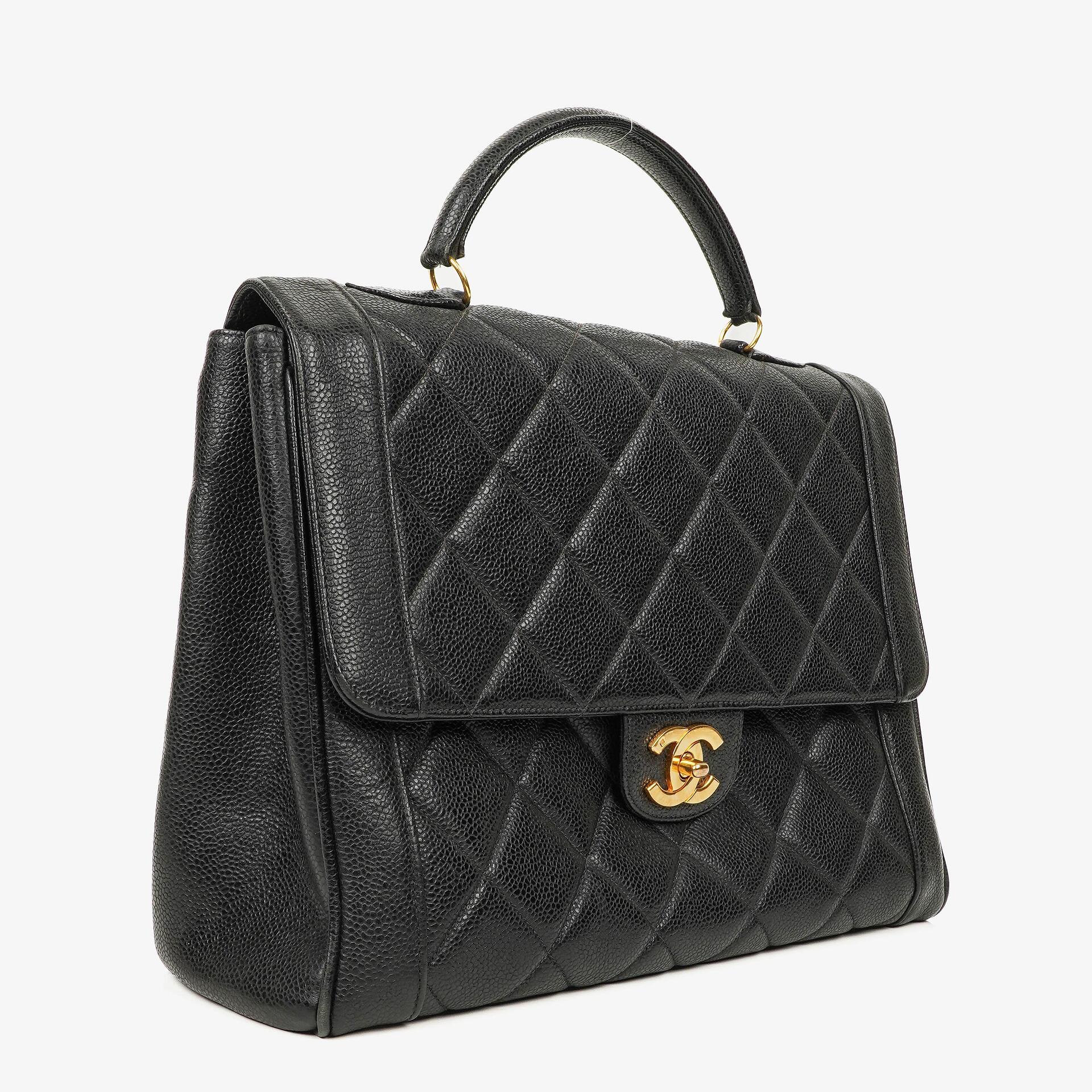 Chanel Large Kelly Top Handle Black Quilted Caviar Leather With 24K Gold-Plated Hardware