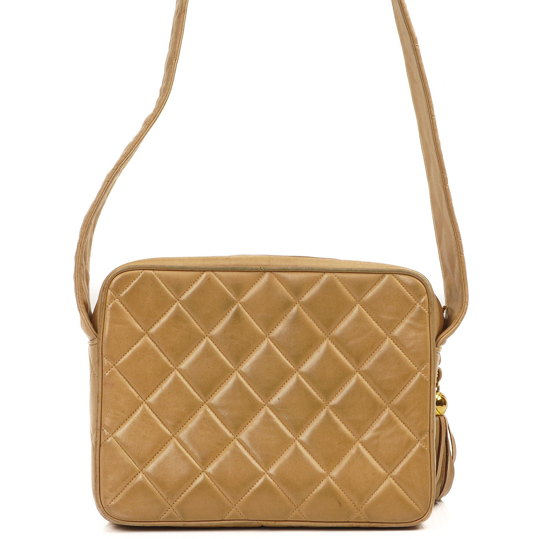 Chanel Vintage Medium Camera Tassel CC Front Flap Pocket Bag In Beige Quilted Lambskin