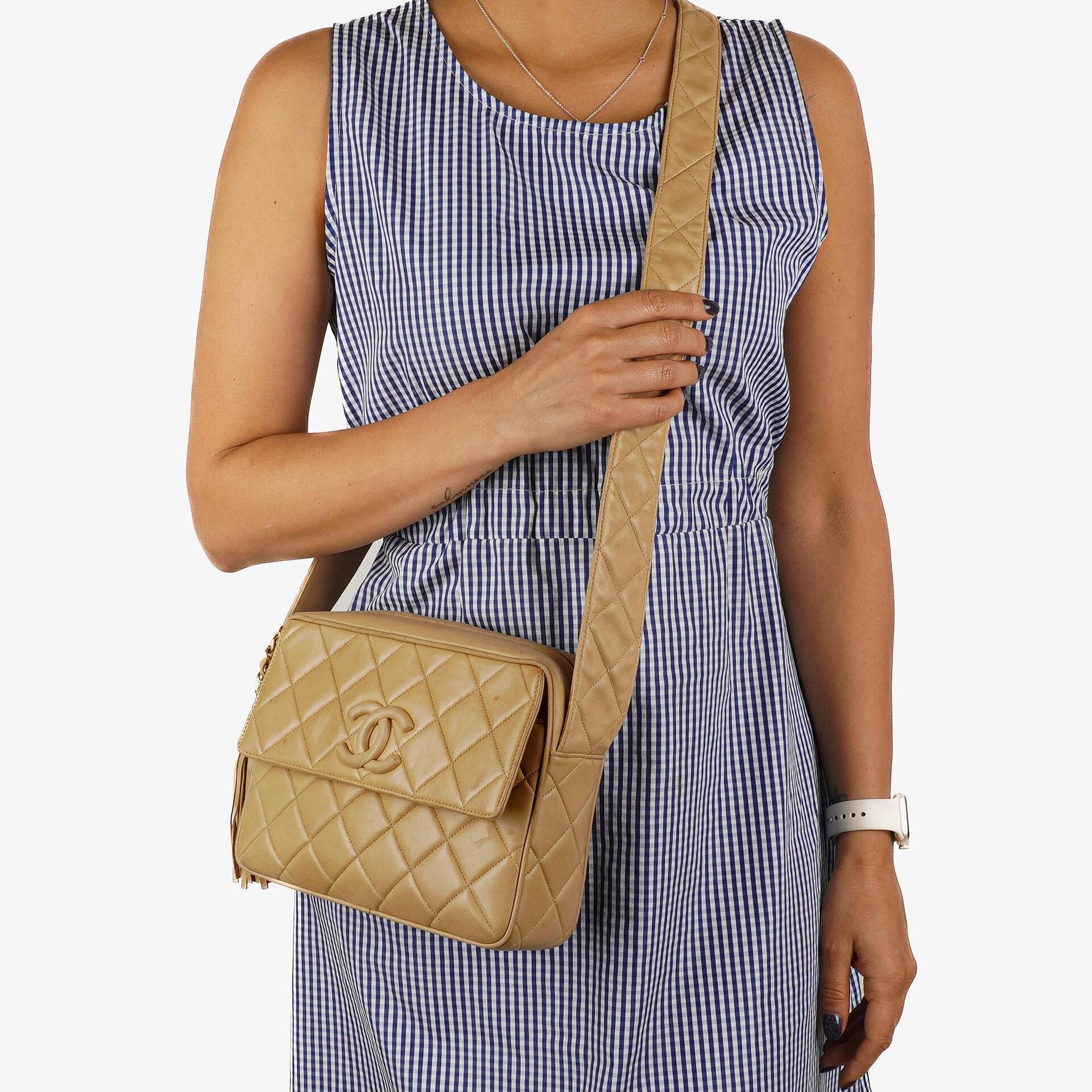 Chanel Vintage Medium Camera Tassel CC Front Flap Pocket Bag In Beige Quilted Lambskin