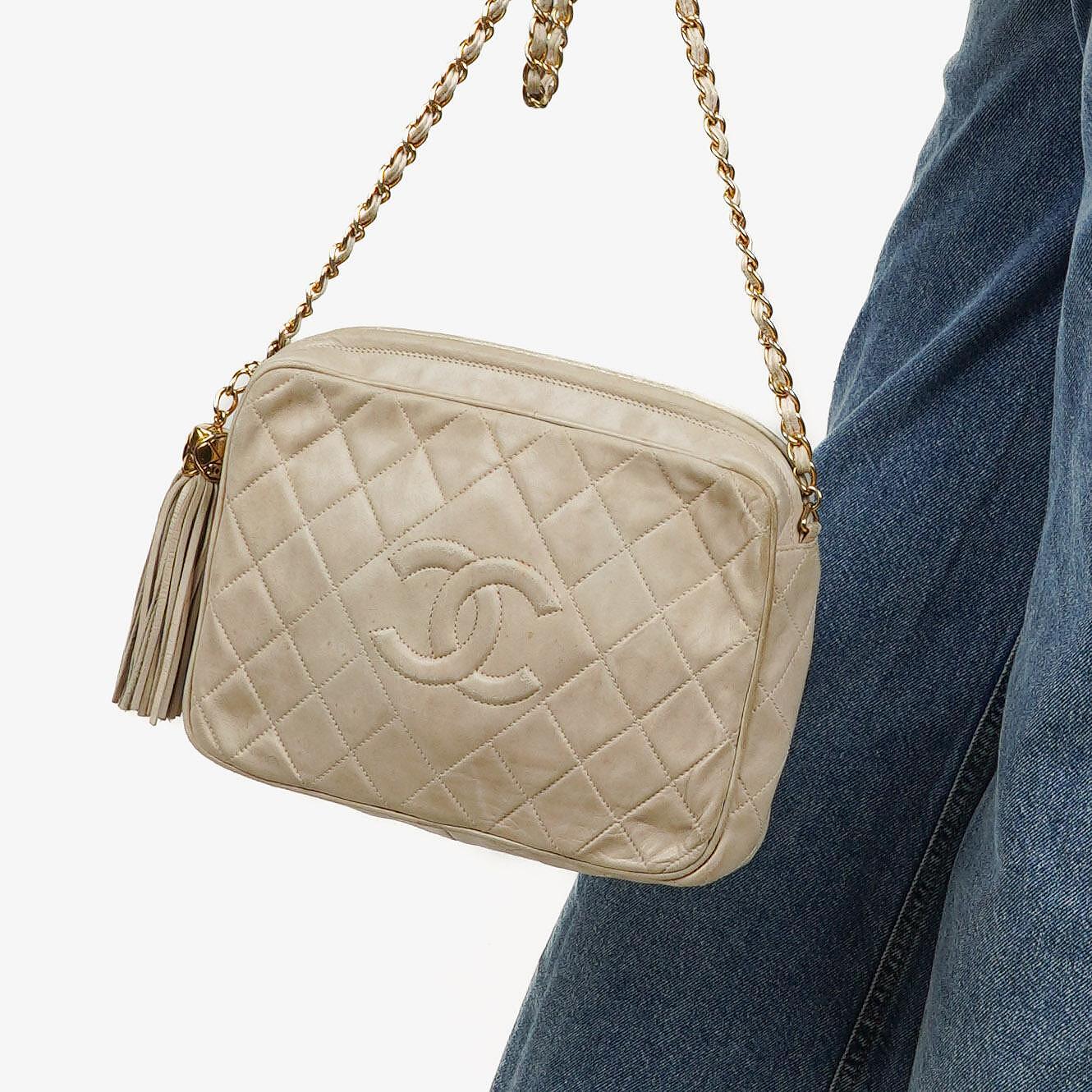 Chanel Vintage Medium CC Neutral Quilted Lambskin Camera Tassel Bag