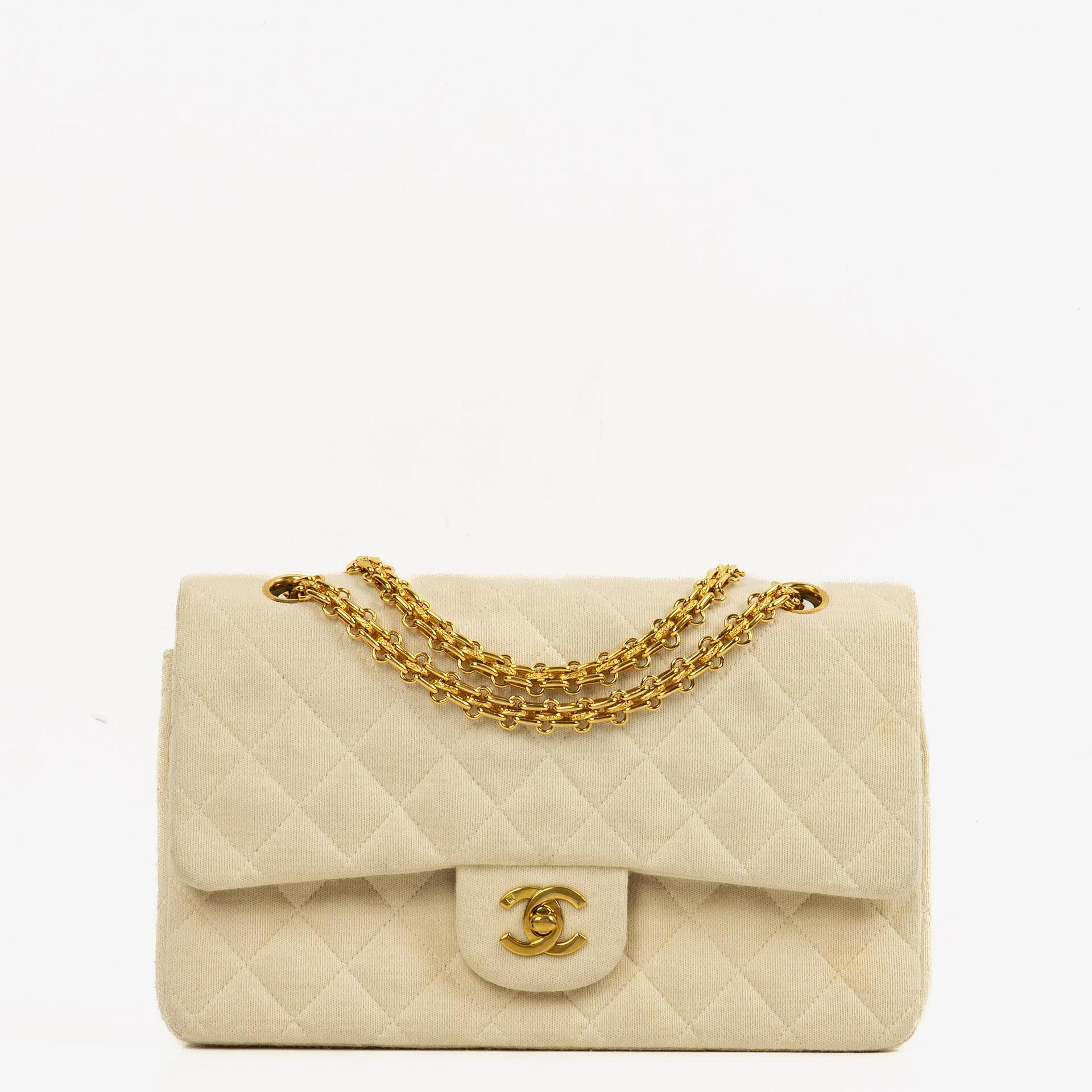 Chanel Vintage Medium Classic Double Flap Bag Beige Neutral Jersey
