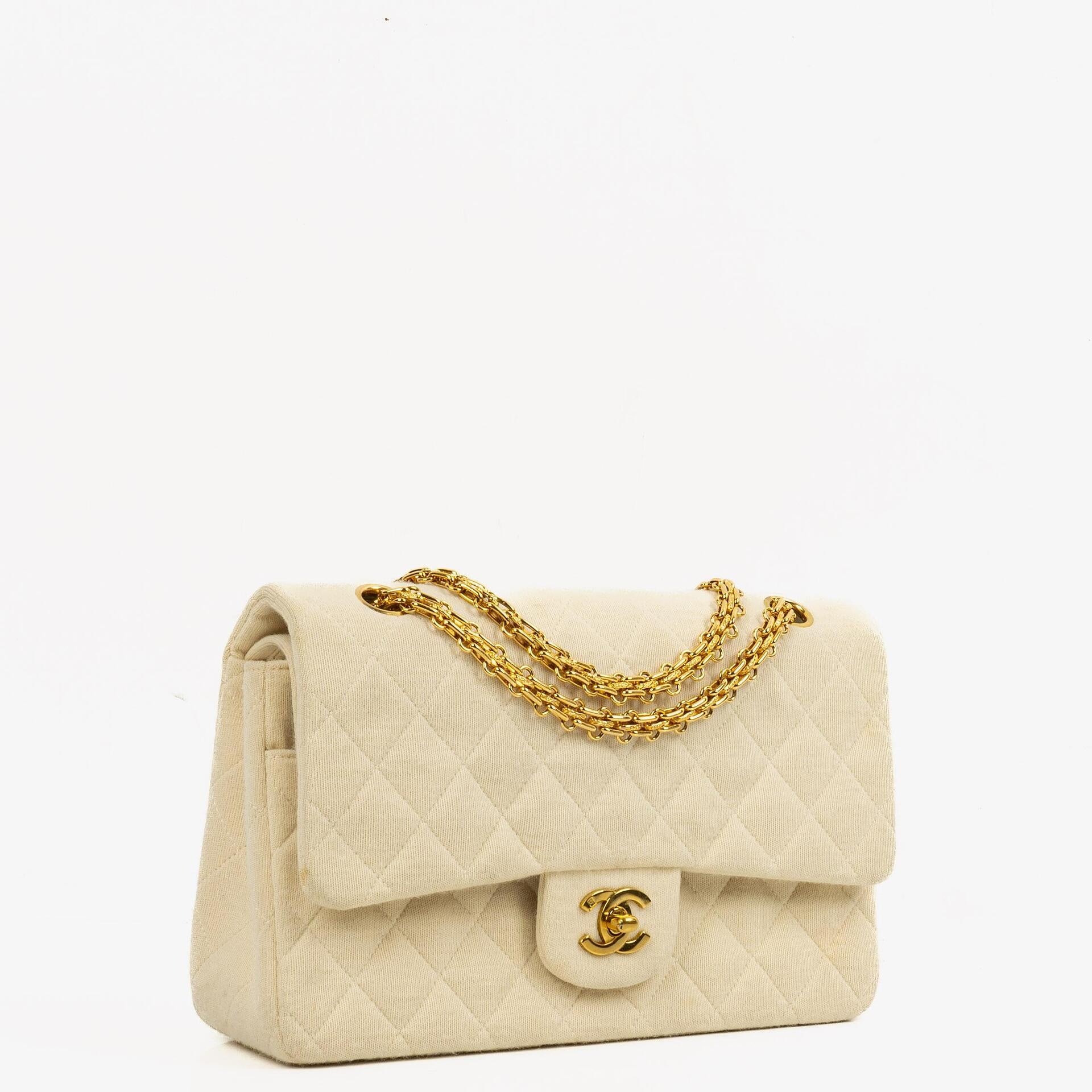 Chanel Vintage Medium Classic Double Flap Bag Beige Neutral Jersey