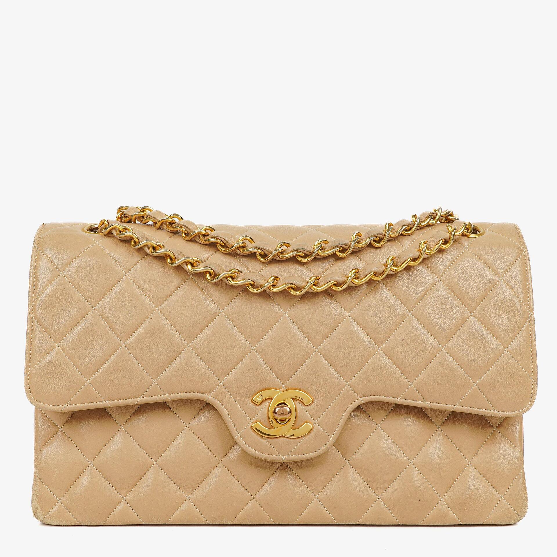 Chanel Vintage Medium Classic Double Flap Bag Beige Quilted Lambskin 24K Gold-Plated Hardware