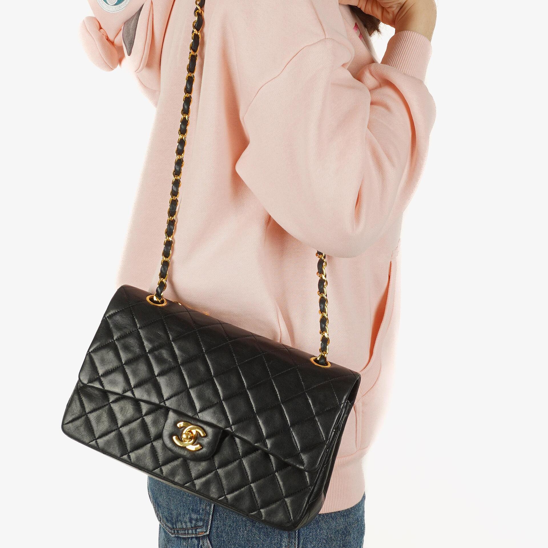 Chanel Vintage Medium Classic Double Flap Bag Black Quilted Lambskin 24K Gold-Plated Hardware