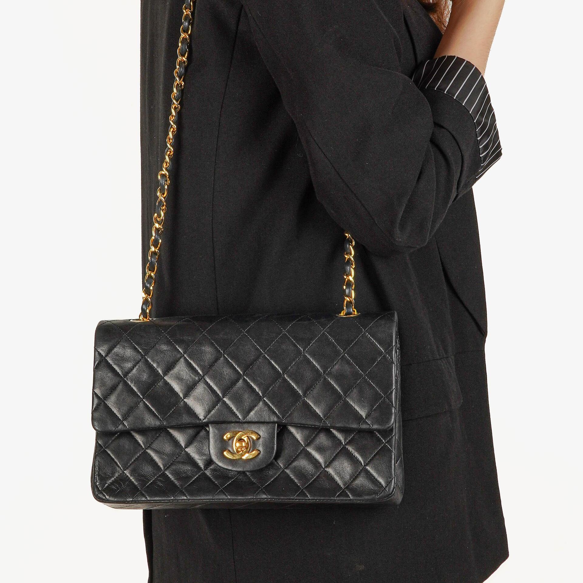 Chanel Vintage Medium Classic Double Flap Bag Black Quilted Lambskin 24K Gold-Plated Hardware