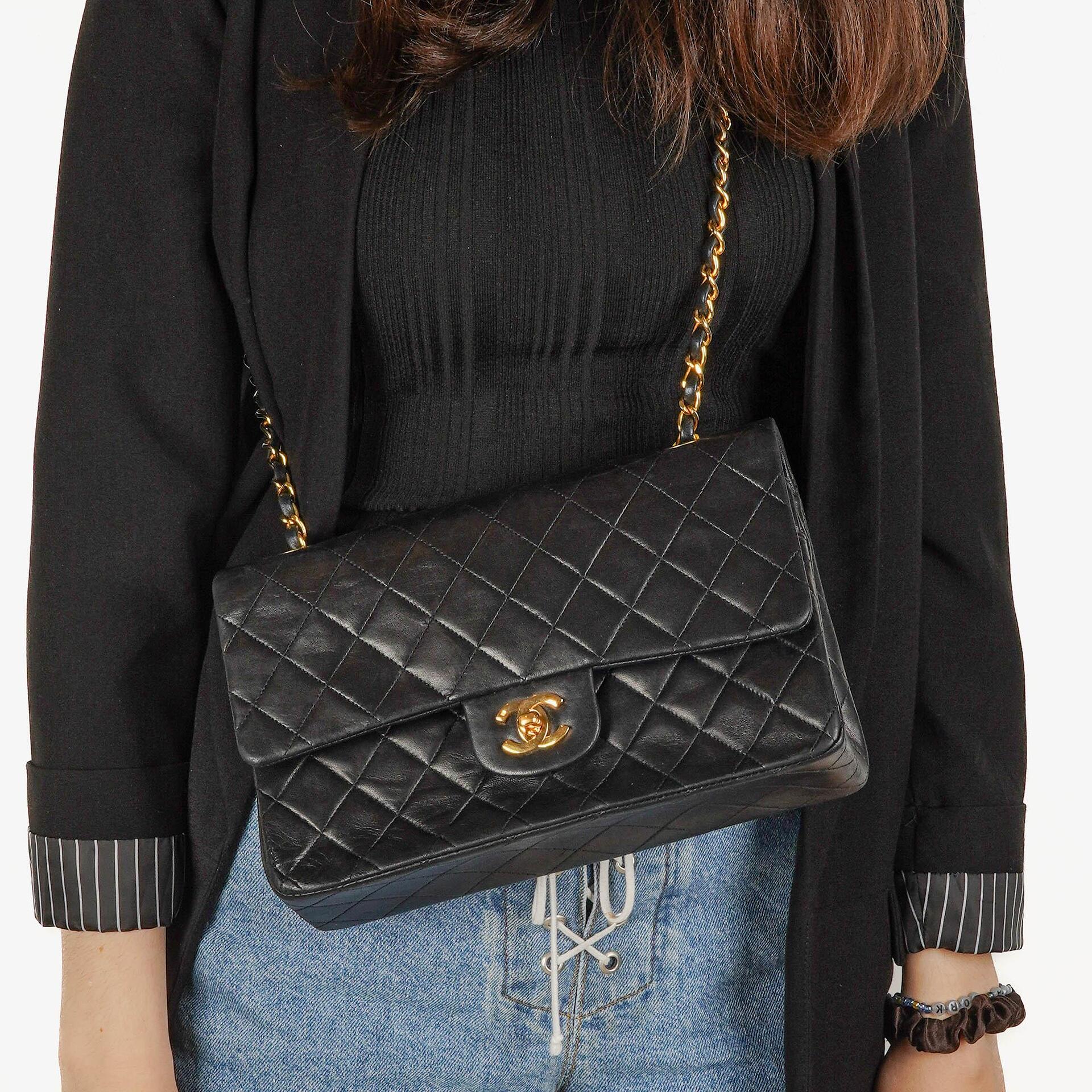 Chanel Vintage Medium Classic Double Flap Bag Black Quilted Lambskin 24K Gold-Plated Hardware
