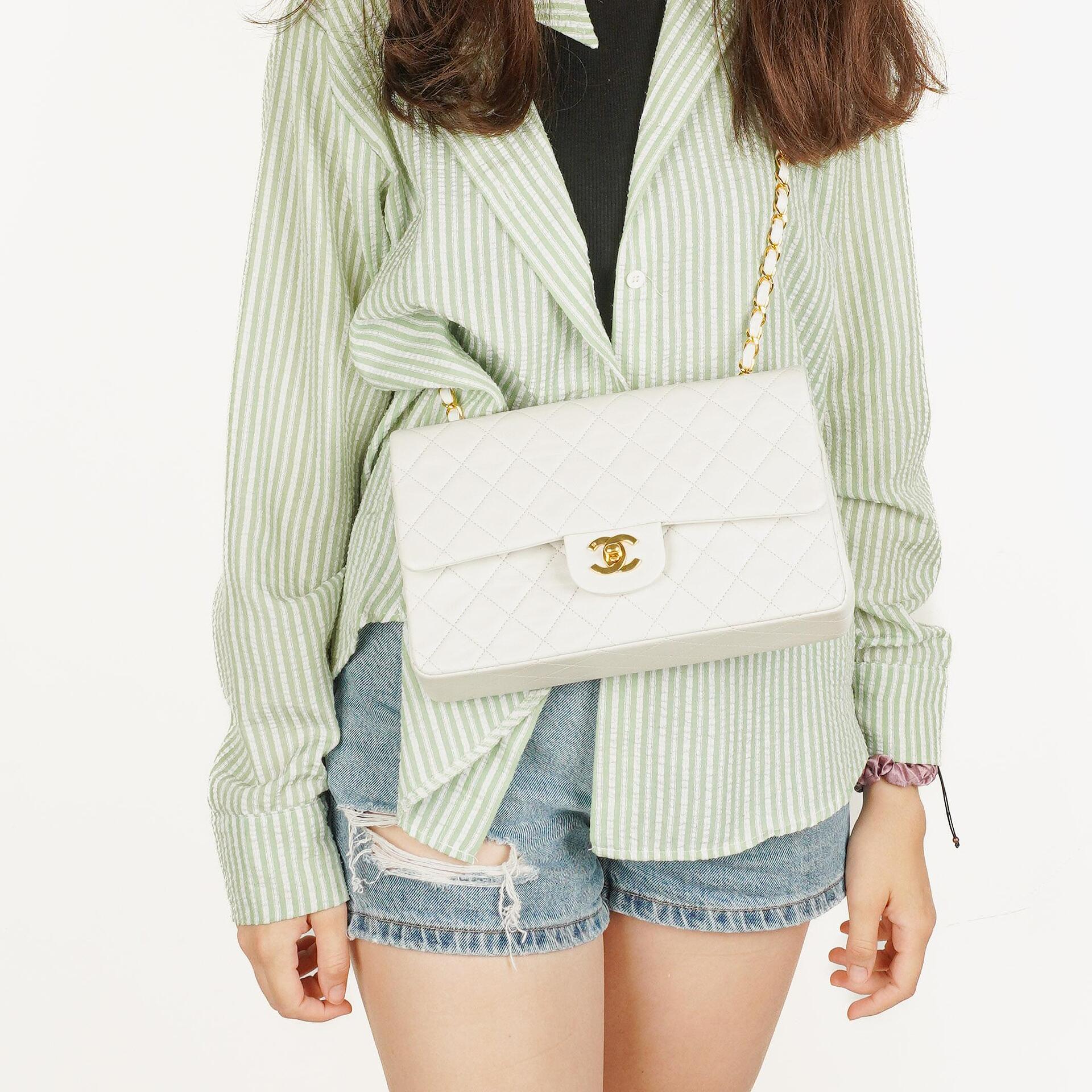 Chanel Vintage Medium Classic Double Flap Bag White Quilted Lambskin 24K Gold-Plated Hardware