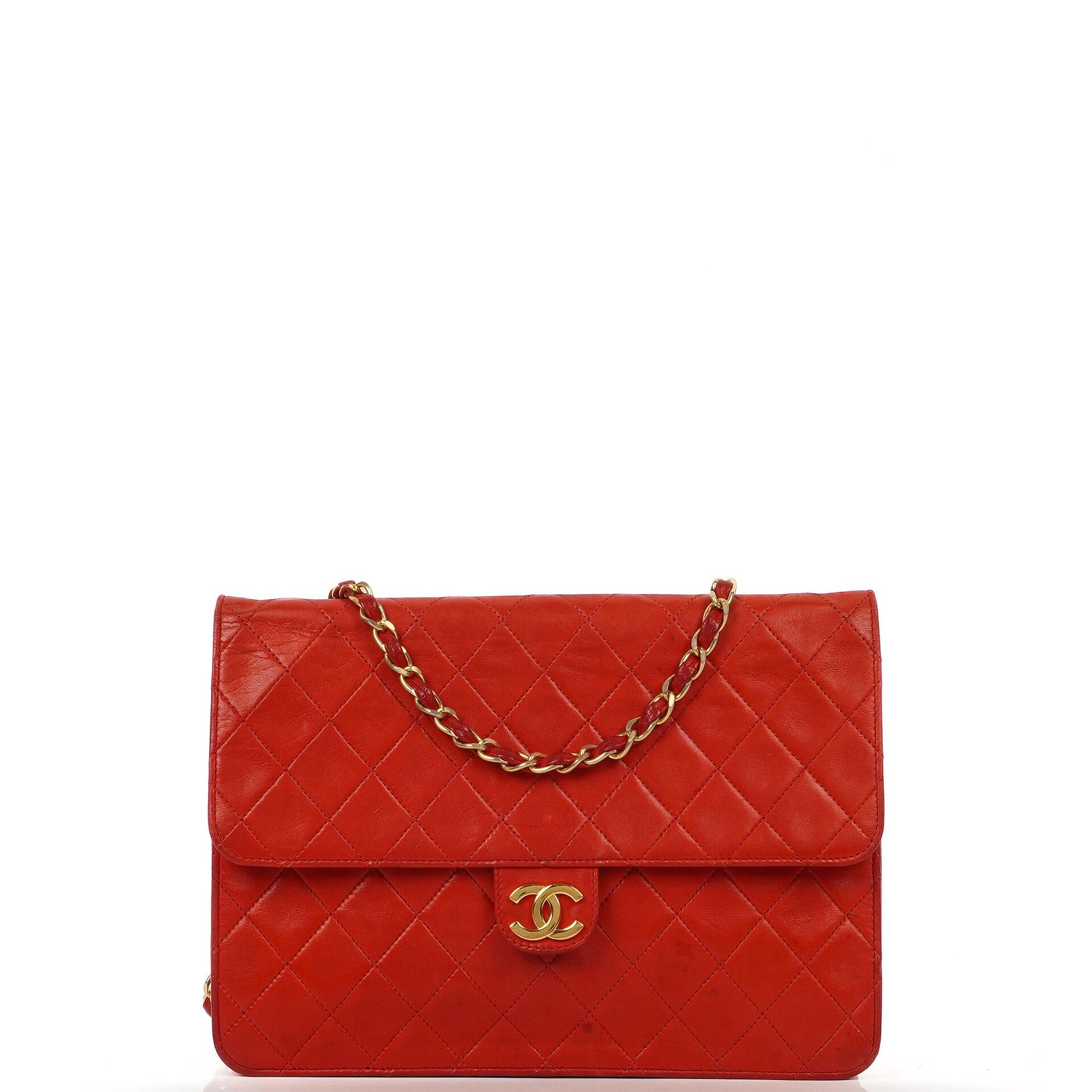 Chanel Vintage Medium Classic Red Quilted Lambskin Single Flap Bag With 24K Gold-Plated Hardware