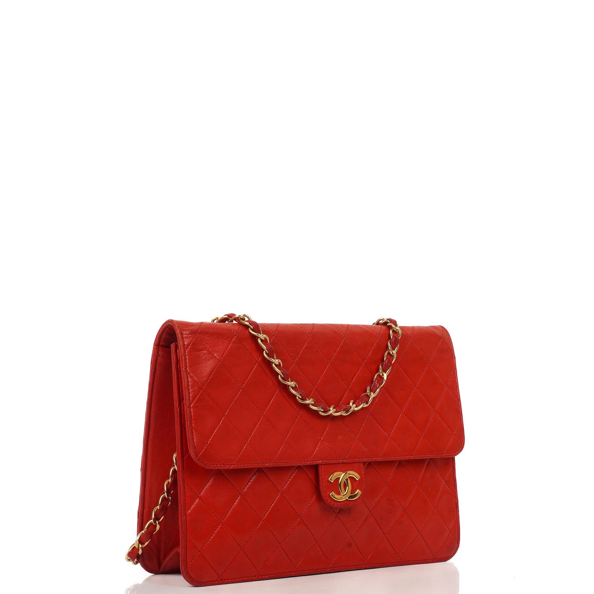 Chanel Vintage Medium Classic Red Quilted Lambskin Single Flap Bag With 24K Gold-Plated Hardware