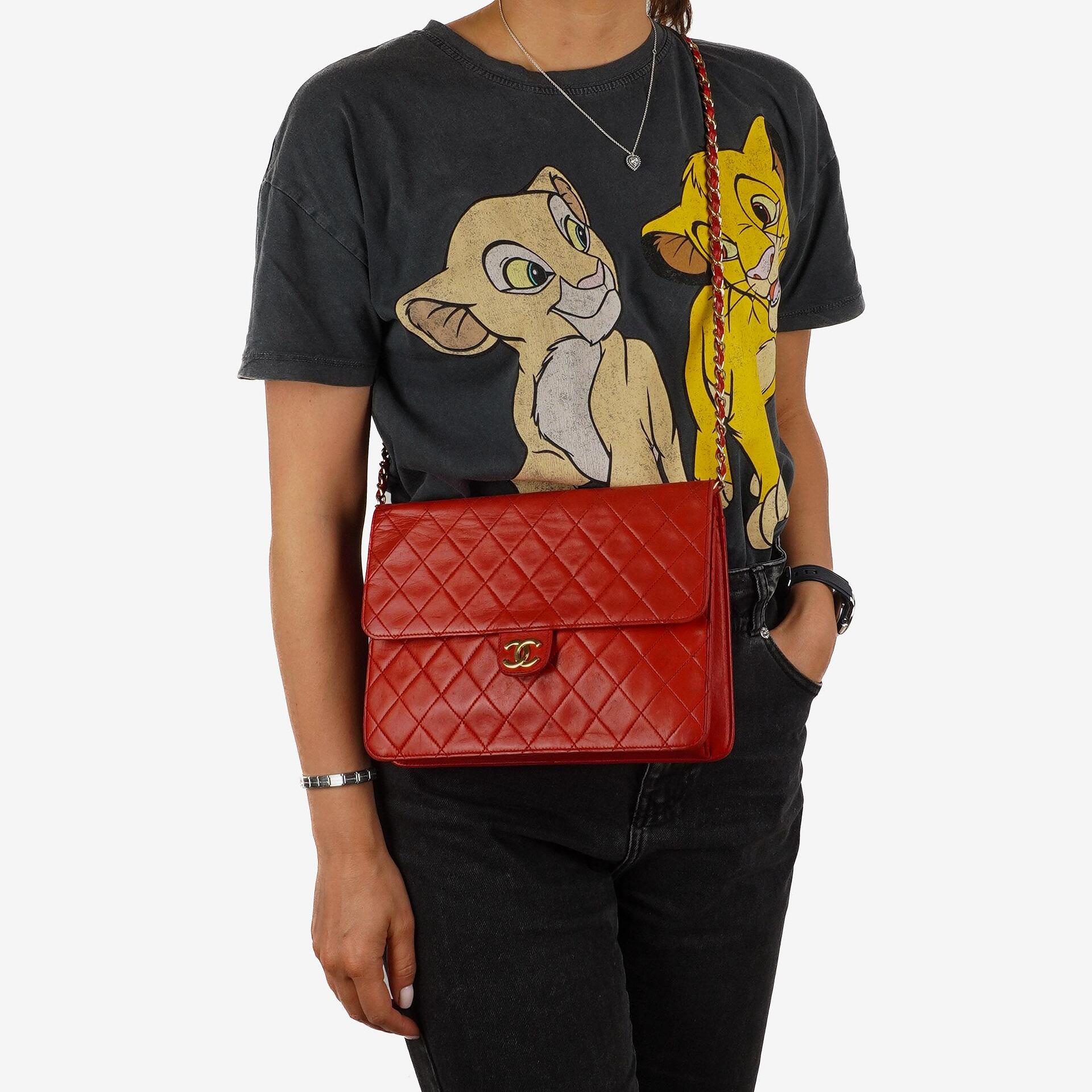 Chanel Vintage Medium Classic Red Quilted Lambskin Single Flap Bag With 24K Gold-Plated Hardware