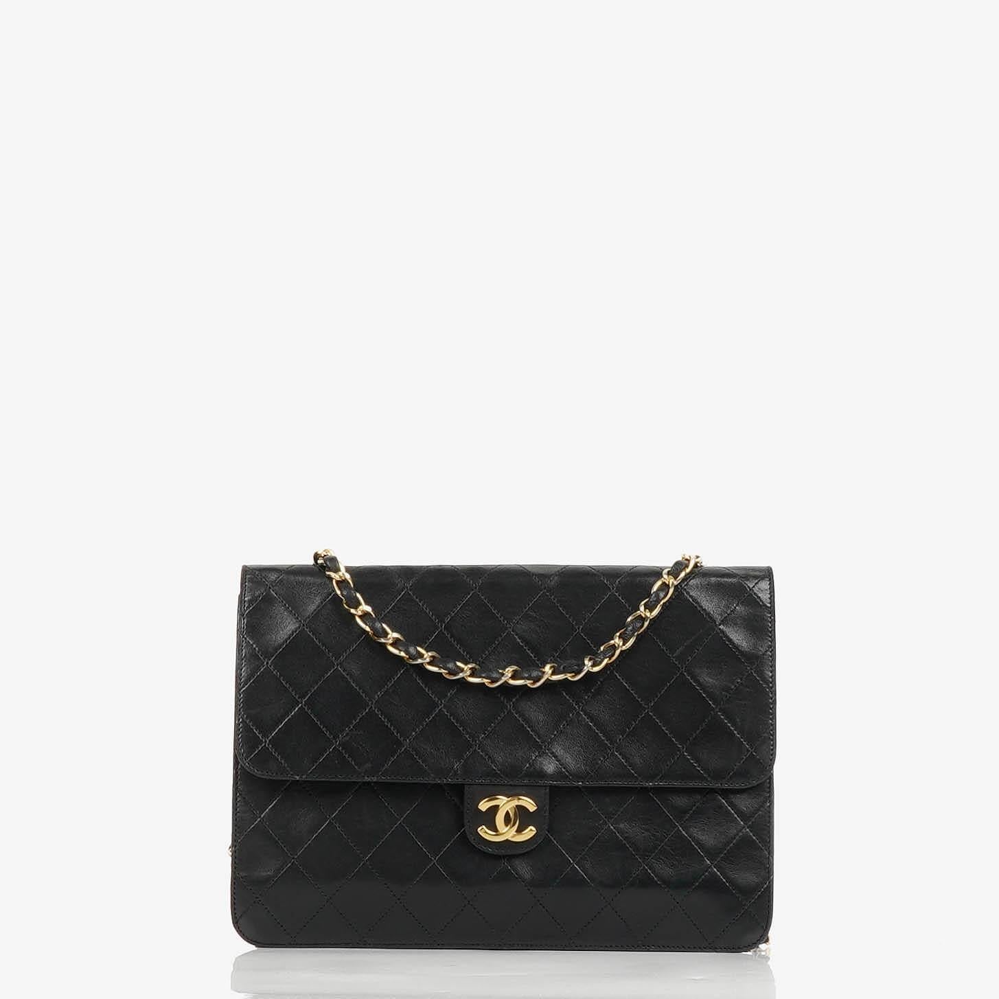 Chanel Vintage Medium Classic Single Flap Bag Black Quilted Lambskin With 24K Gold-Plated Hardware