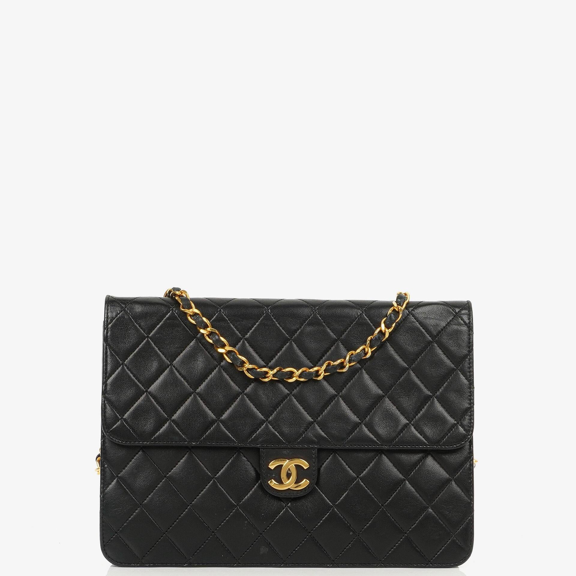 Chanel Vintage Medium Classic Single Flap Bag Black Quilted Lambskin With 24K Gold-Plated Hardware