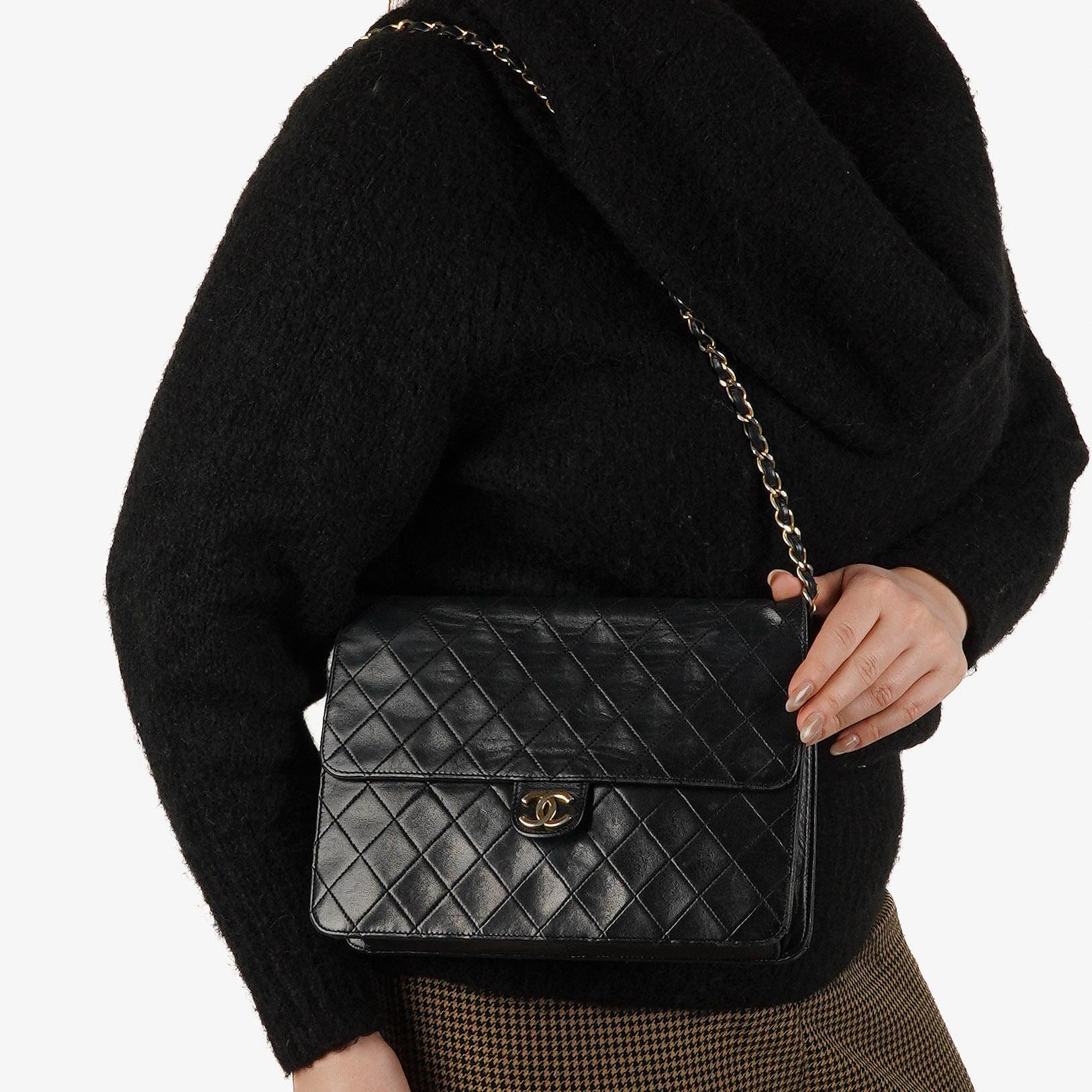 Chanel Vintage Medium Classic Single Flap Bag Black Quilted Lambskin With 24K Gold-Plated Hardware