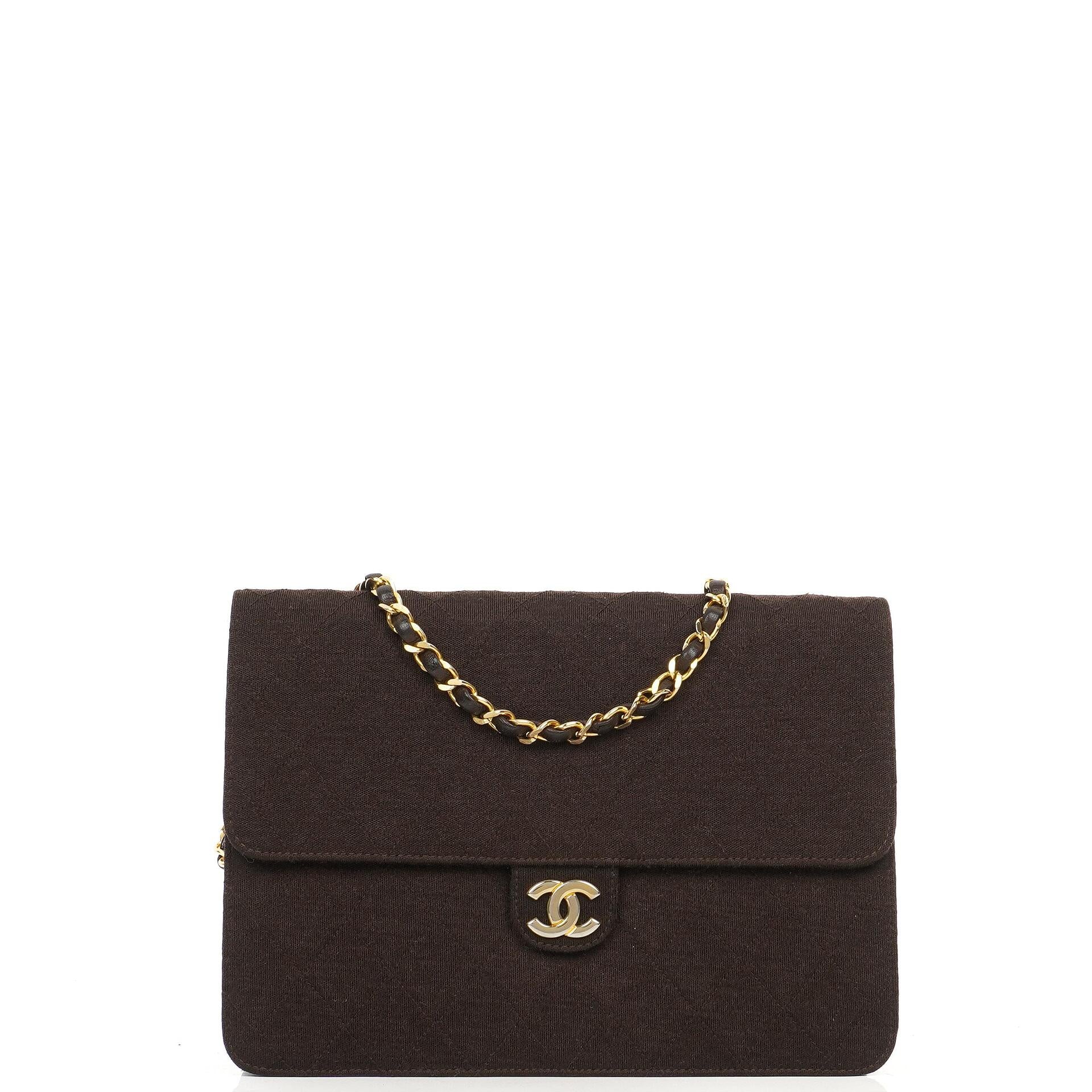 Chanel Vintage Medium Classic Single Flap Bag Brown Quilted Jersey With Gold-Tone Hardware