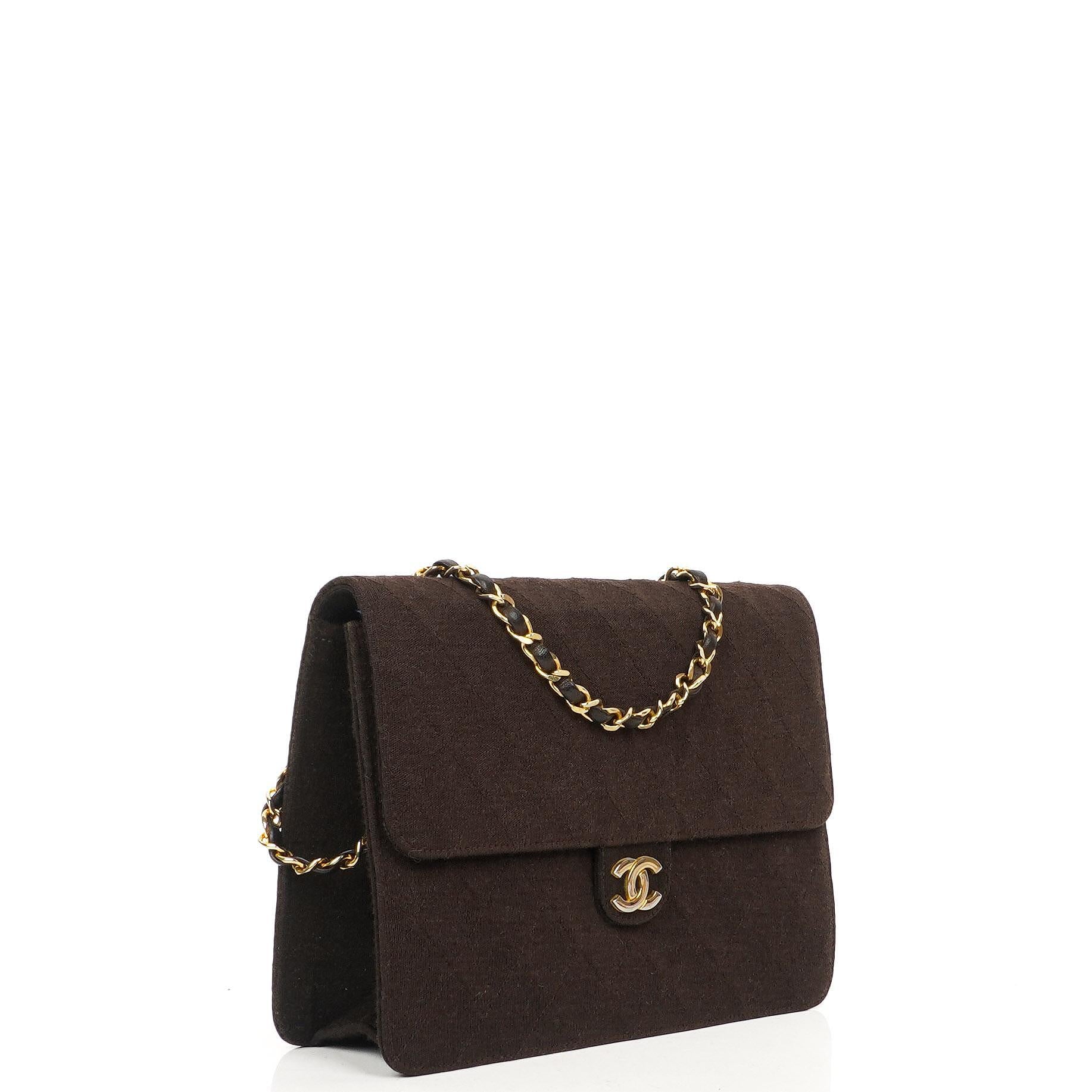Chanel Vintage Medium Classic Single Flap Bag Brown Quilted Jersey With Gold-Tone Hardware