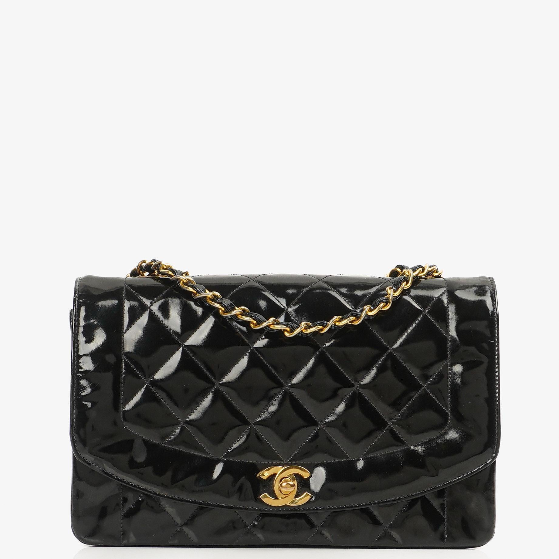 Chanel Vintage Medium Diana Flap Bag In Black Quilted Patent Leather With 24K Gold-Plated Hardware