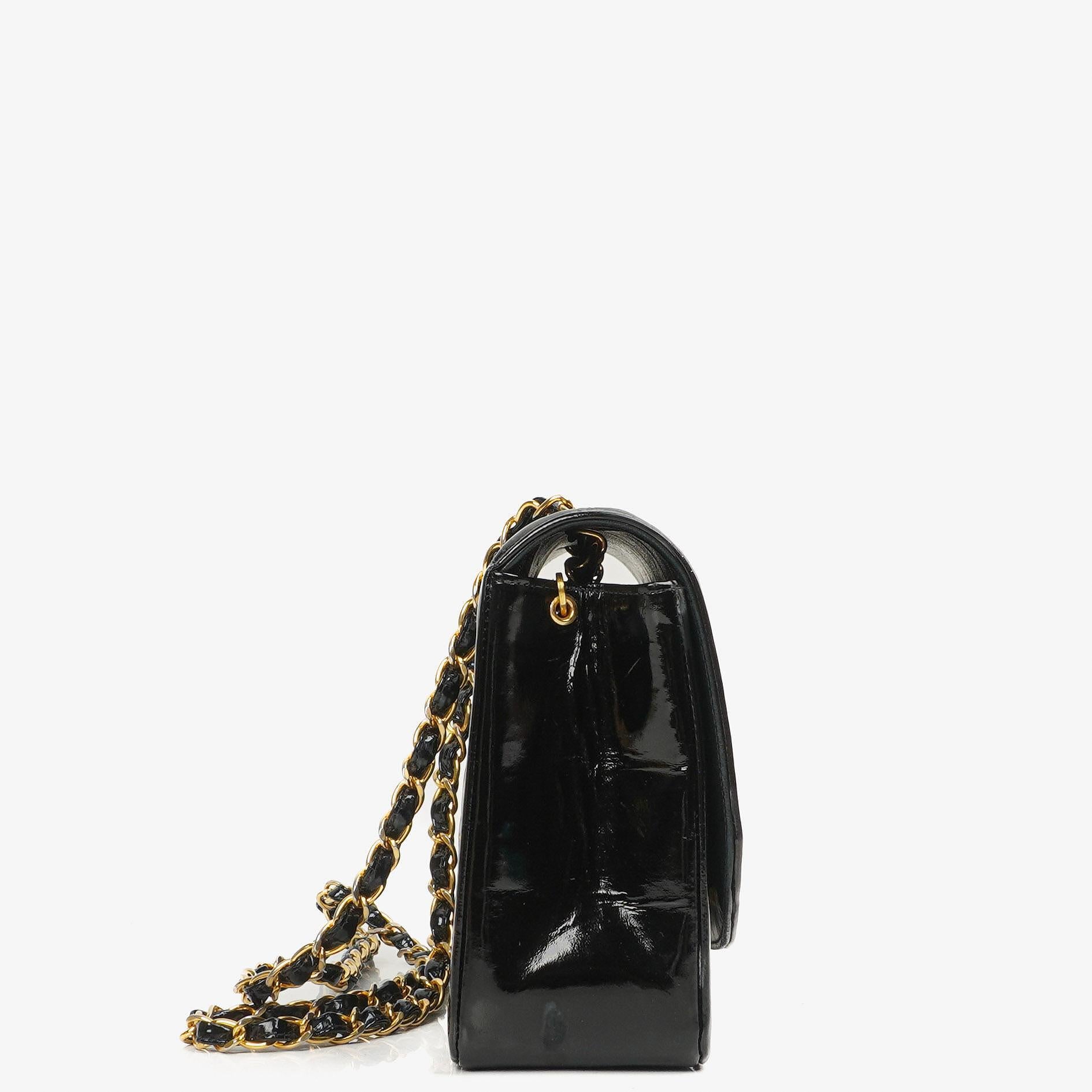 Chanel Vintage Medium Diana Flap Bag In Black Quilted Patent Leather With 24K Gold-Plated Hardware