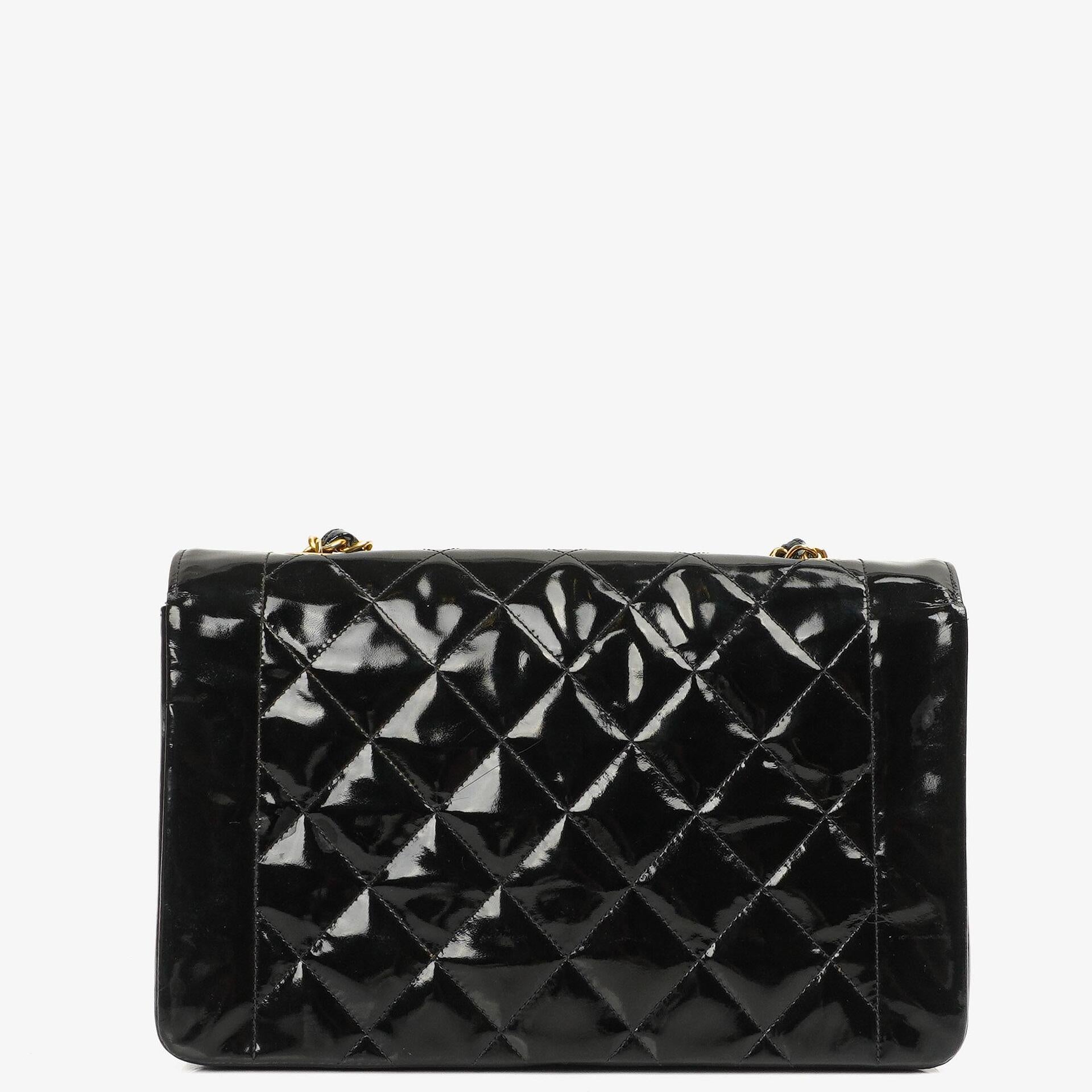 Chanel Vintage Medium Diana Flap Bag In Black Quilted Patent Leather With 24K Gold-Plated Hardware