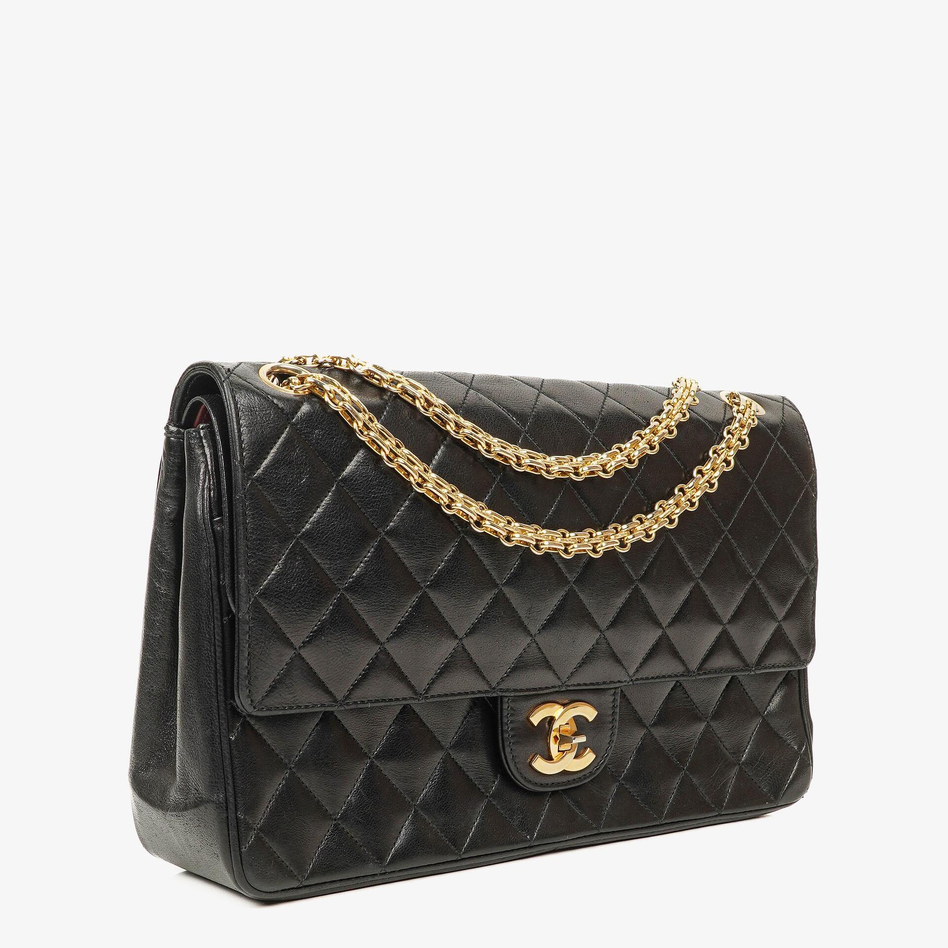 Chanel Vintage Medium Timeless Classic Double Flap Bag Black Quilted Lambskin 24K Gold-Plated Hardware And Mademoiselle Chain