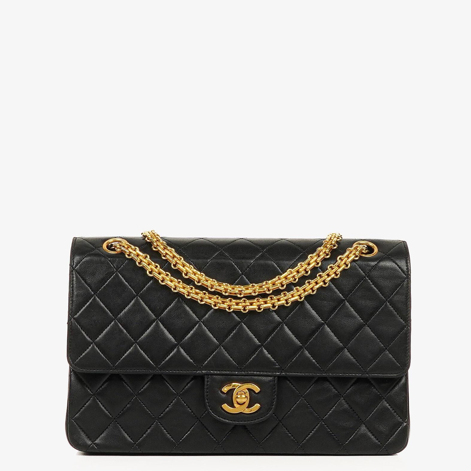 Chanel Vintage Medium Timeless Classic Double Flap Bag Black Quilted Lambskin 24K Gold-Plated Hardware And Mademoiselle Chain