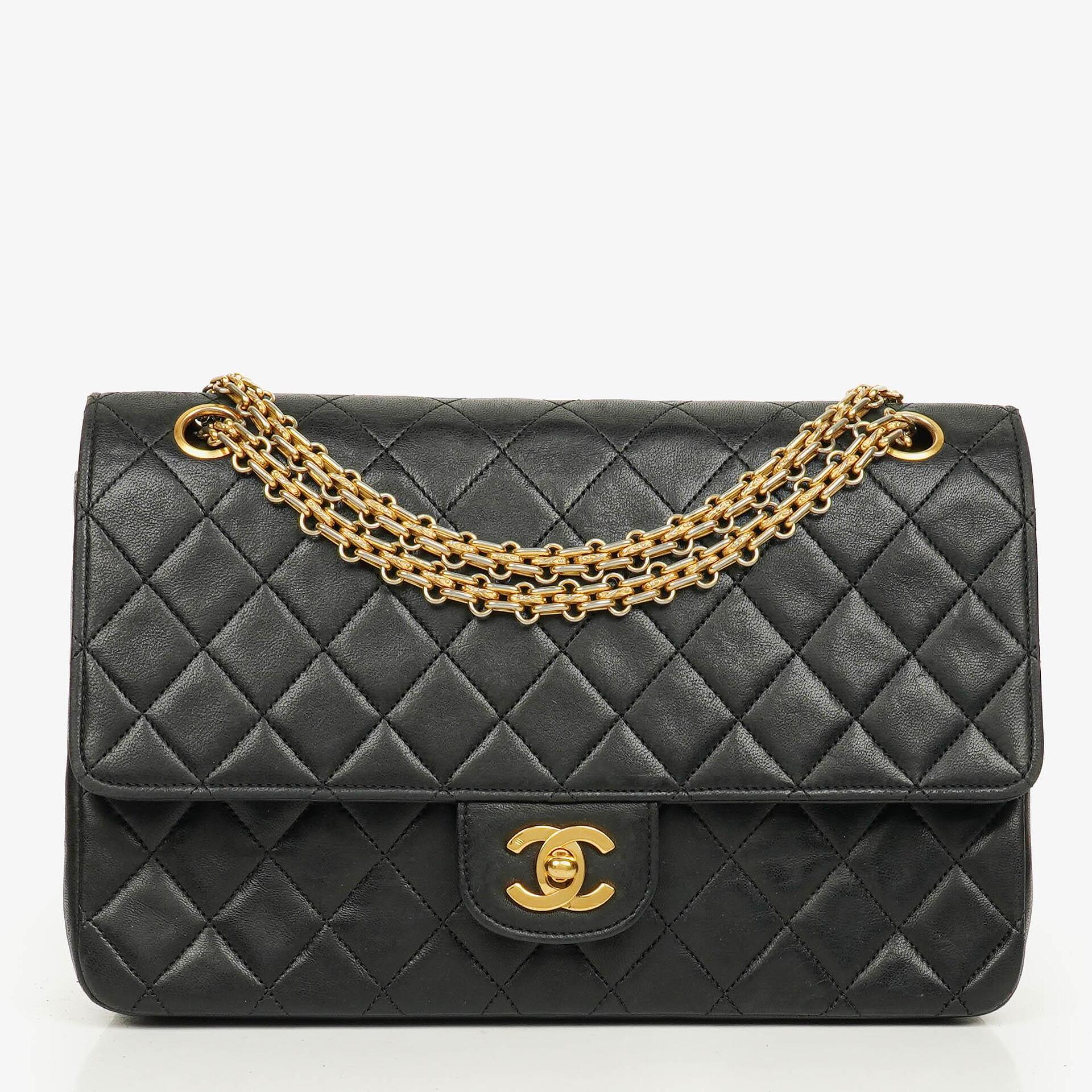 Chanel Vintage Medium Timeless Classic Double Flap Bag Black Quilted Lambskin 24K Gold-Plated Hardware And Mademoiselle Chain
