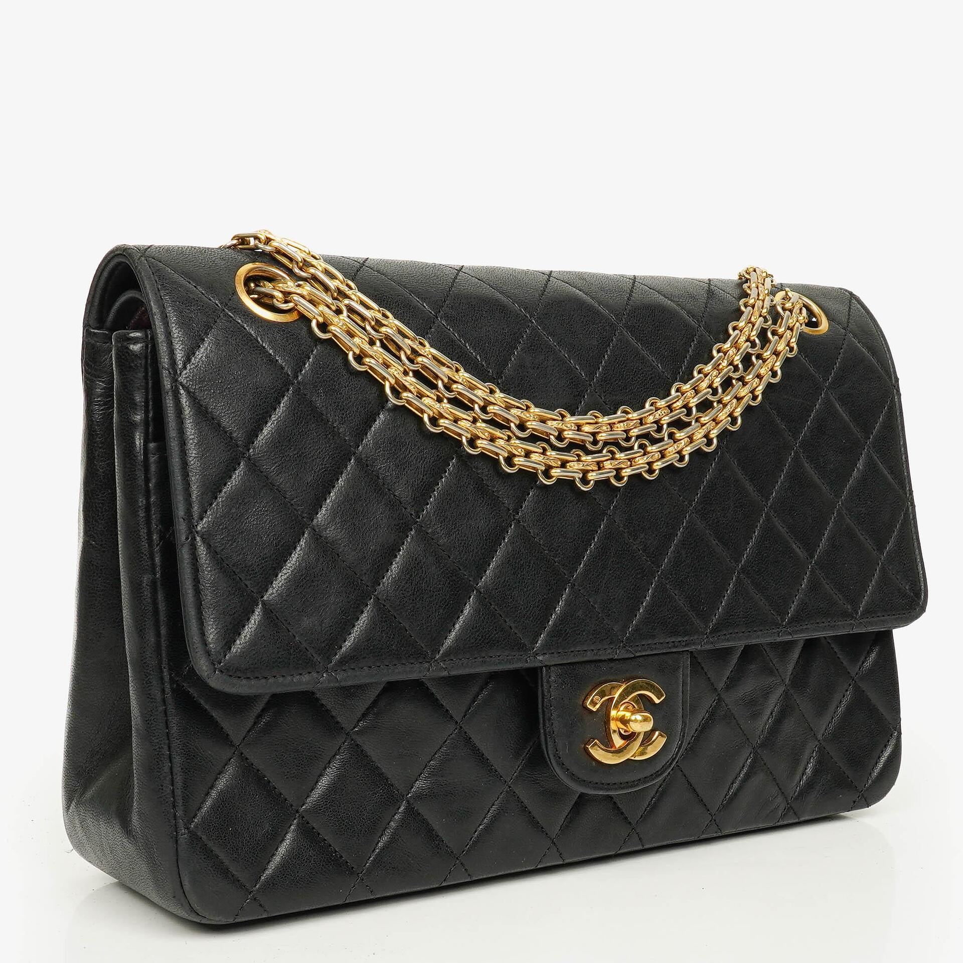 Chanel Vintage Medium Timeless Classic Double Flap Bag Black Quilted Lambskin 24K Gold-Plated Hardware And Mademoiselle Chain