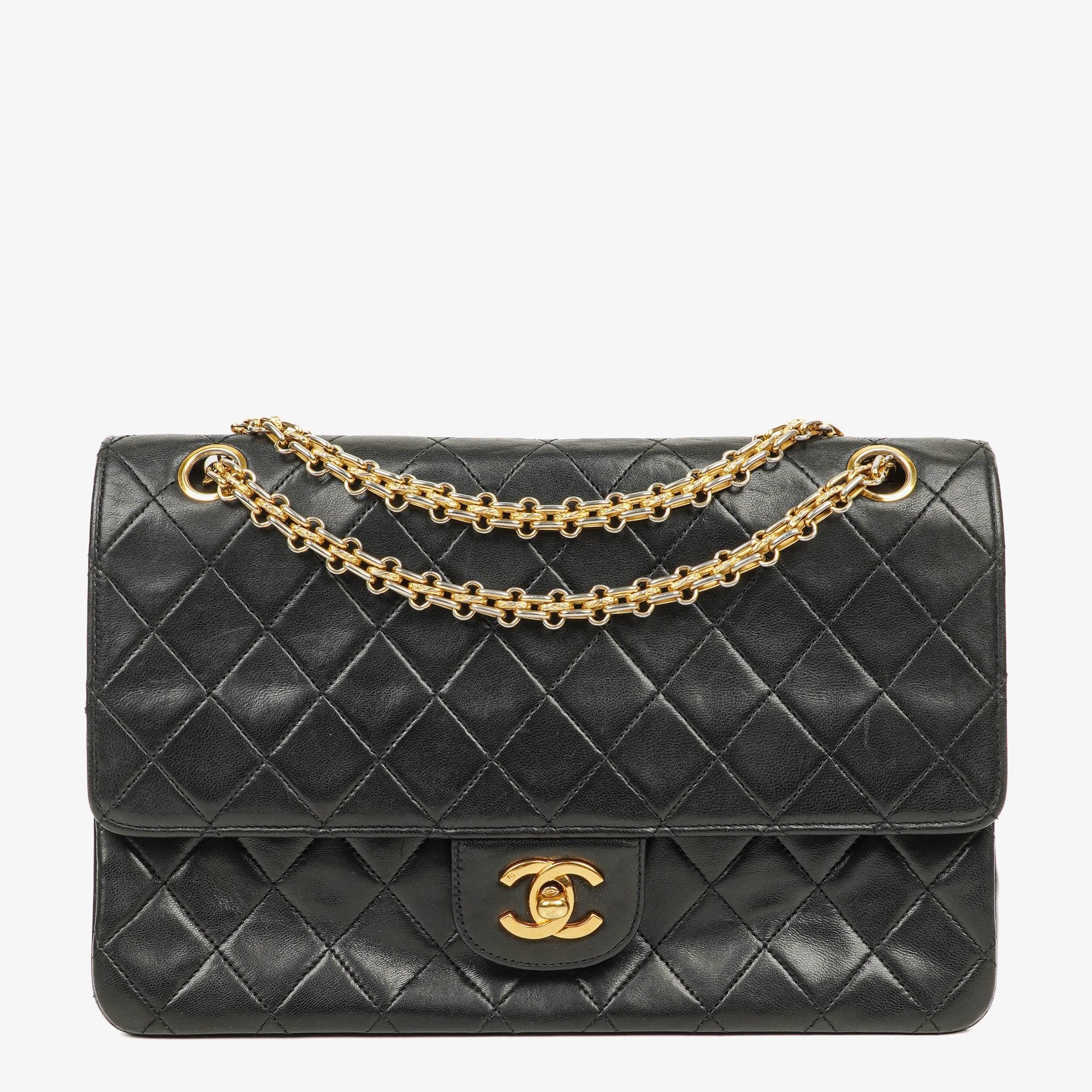 Chanel Vintage Medium Timeless Classic Double Flap Bag Black Quilted Lambskin 24K Gold-Plated Hardware And Mademoiselle Chain
