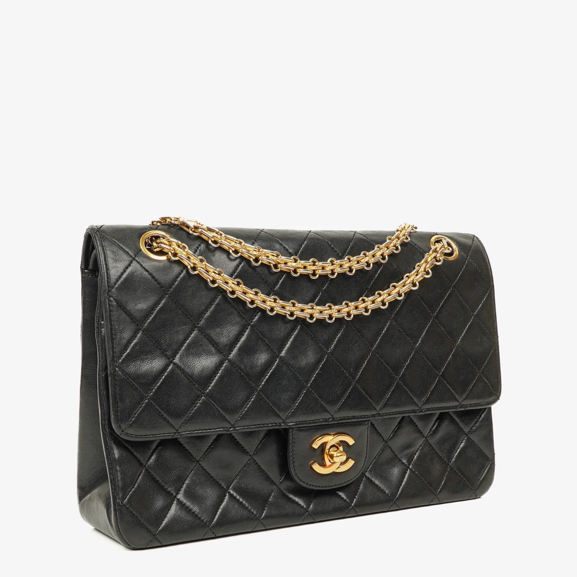 Chanel Vintage Medium Timeless Classic Double Flap Bag Black Quilted Lambskin 24K Gold-Plated Hardware And Mademoiselle Chain