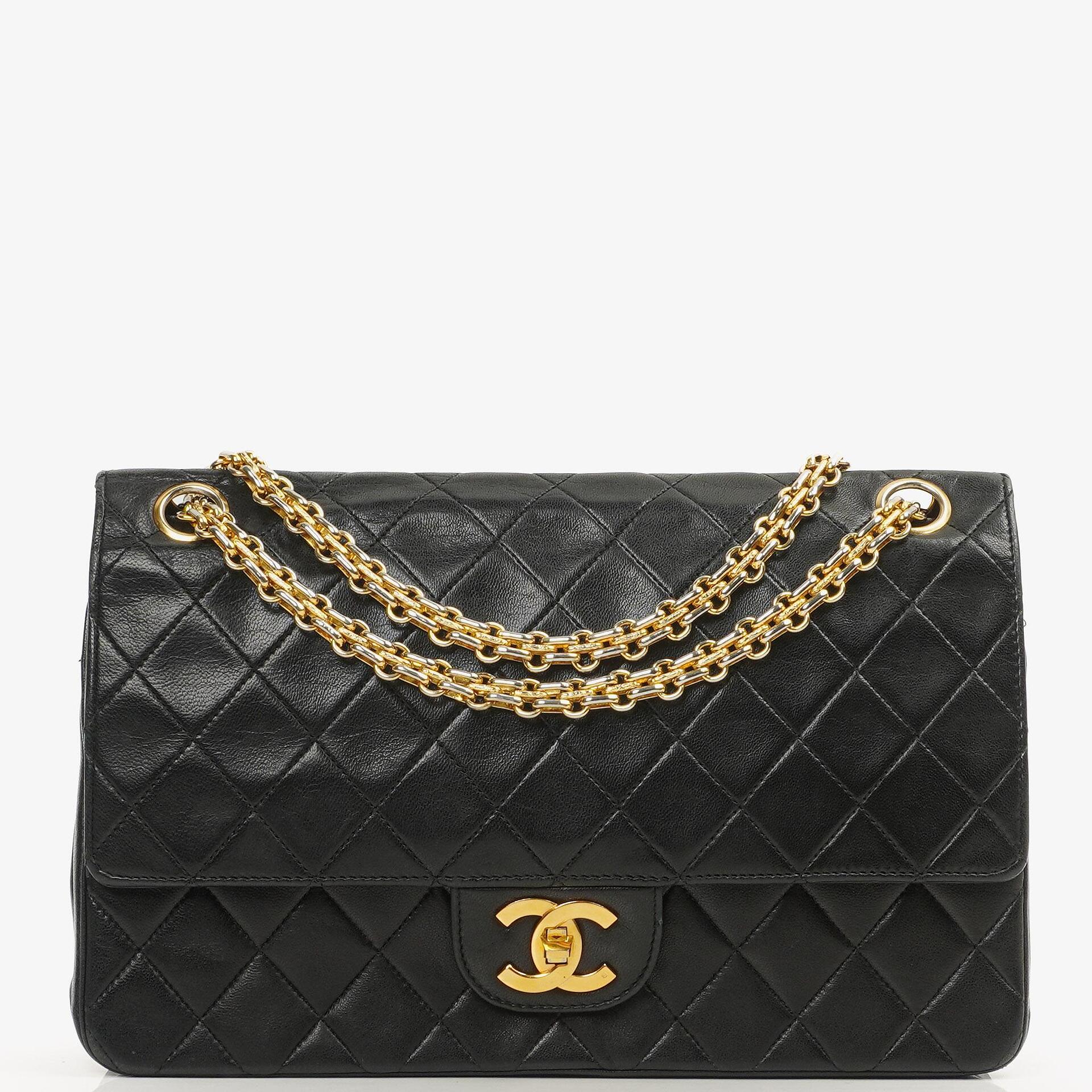 Chanel Vintage Medium Timeless Classic Double Flap Bag Black Quilted Lambskin With 24K Gold-Plated Hardware And Mademoiselle Chain