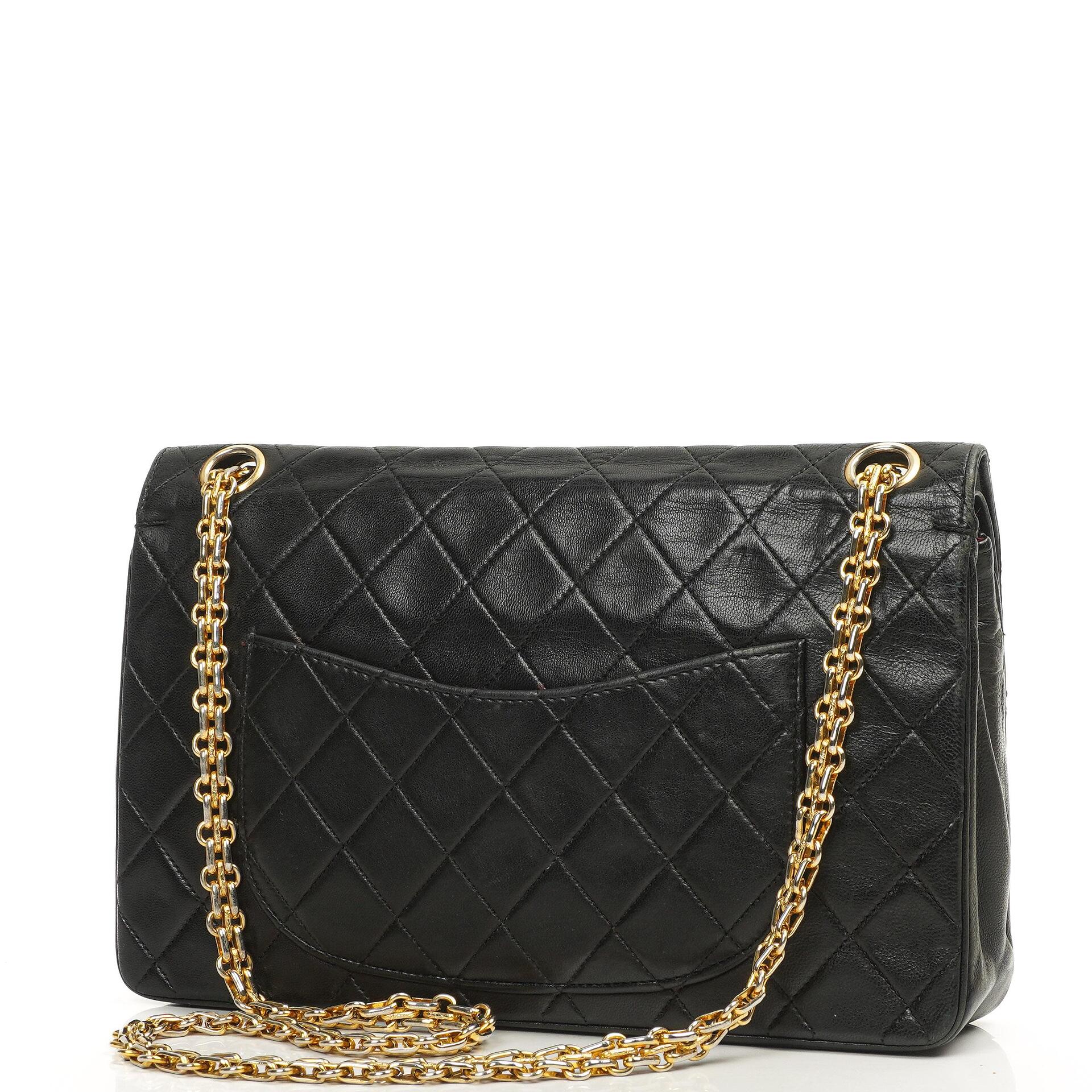 Chanel Vintage Medium Timeless Classic Double Flap Bag Black Quilted Lambskin With 24K Gold-Plated Hardware And Mademoiselle Chain