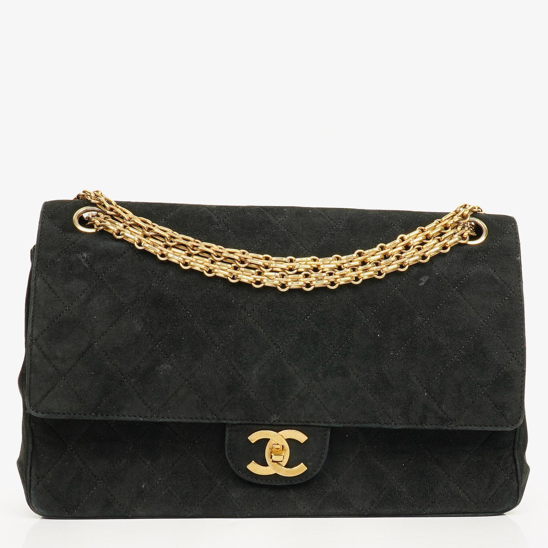 Chanel Vintage Medium Timeless Classic Double Flap Bag Black Quilted Suede With Gold-Tone Hardware And Mademoiselle Chain