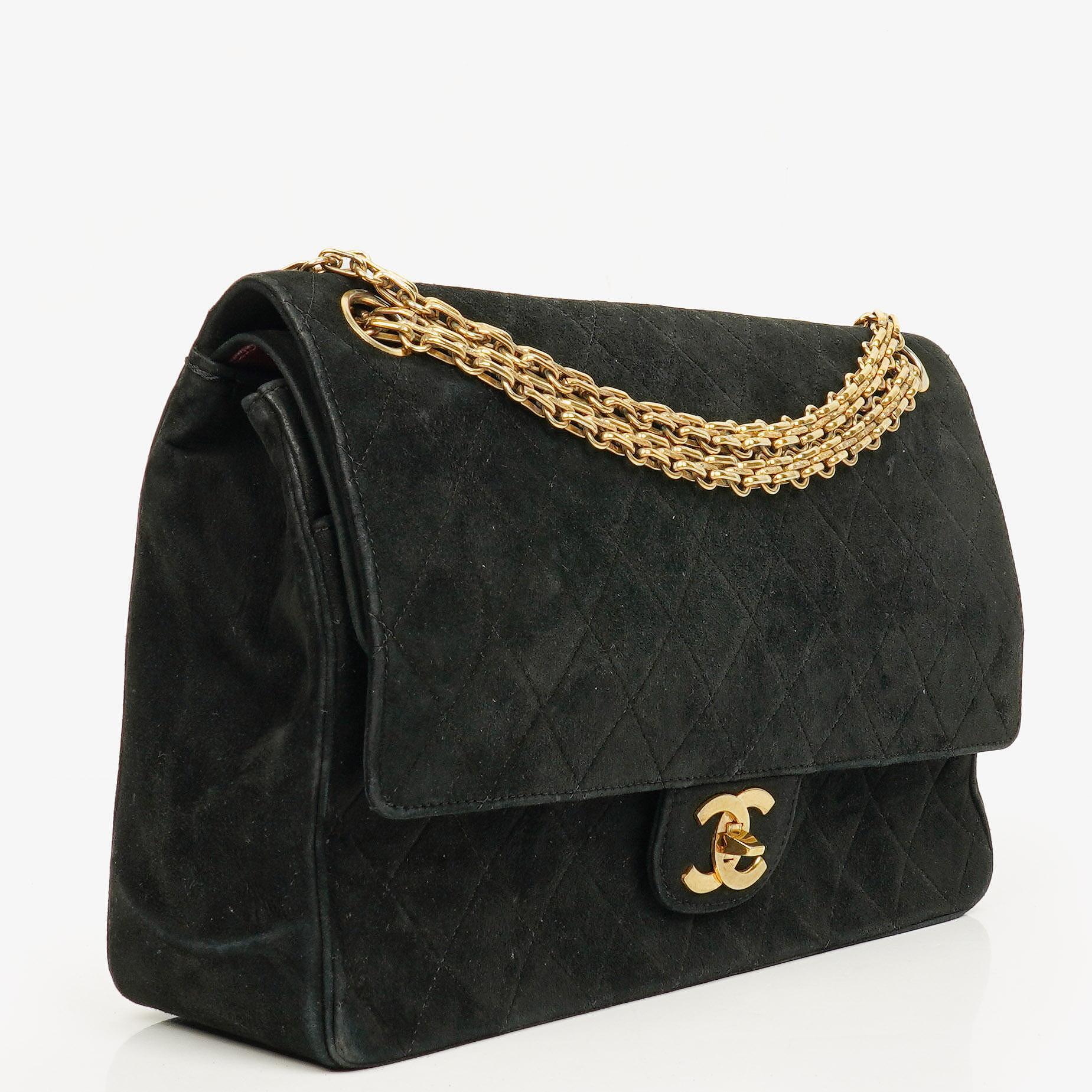 Chanel Vintage Medium Timeless Classic Double Flap Bag Black Quilted Suede With Gold-Tone Hardware And Mademoiselle Chain