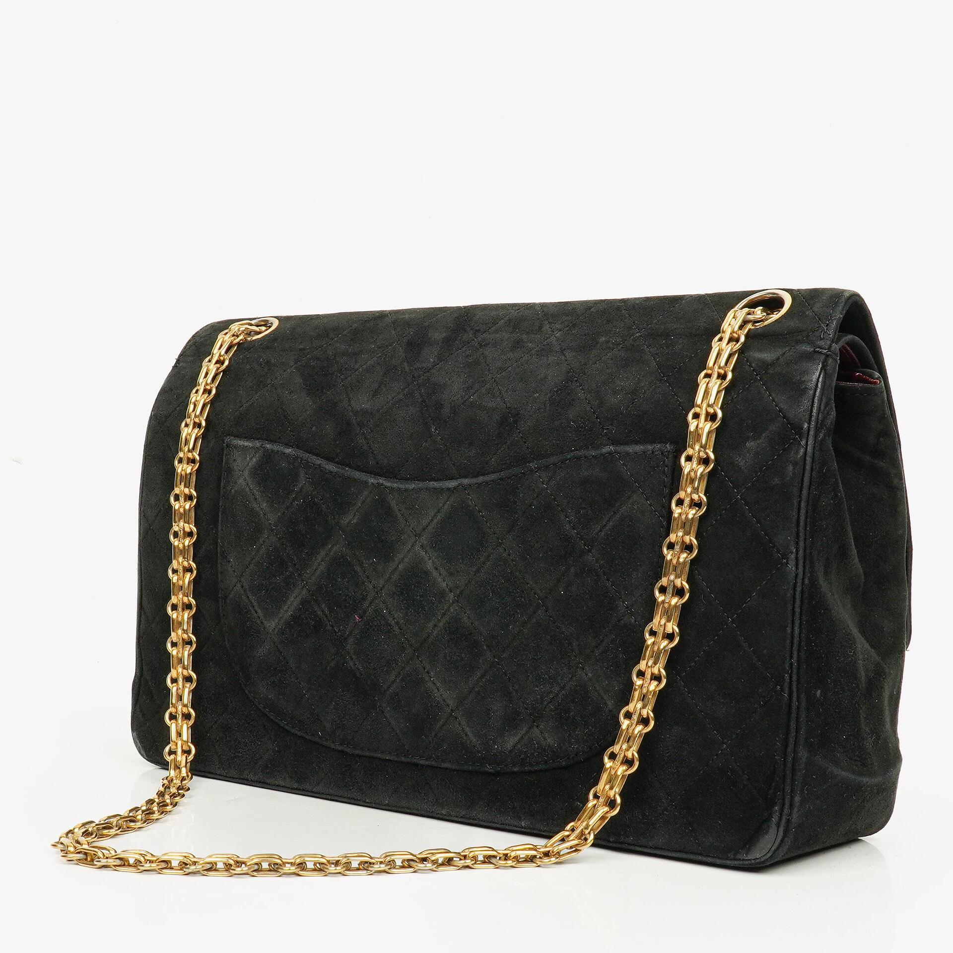 Chanel Vintage Medium Timeless Classic Double Flap Bag Black Quilted Suede With Gold-Tone Hardware And Mademoiselle Chain