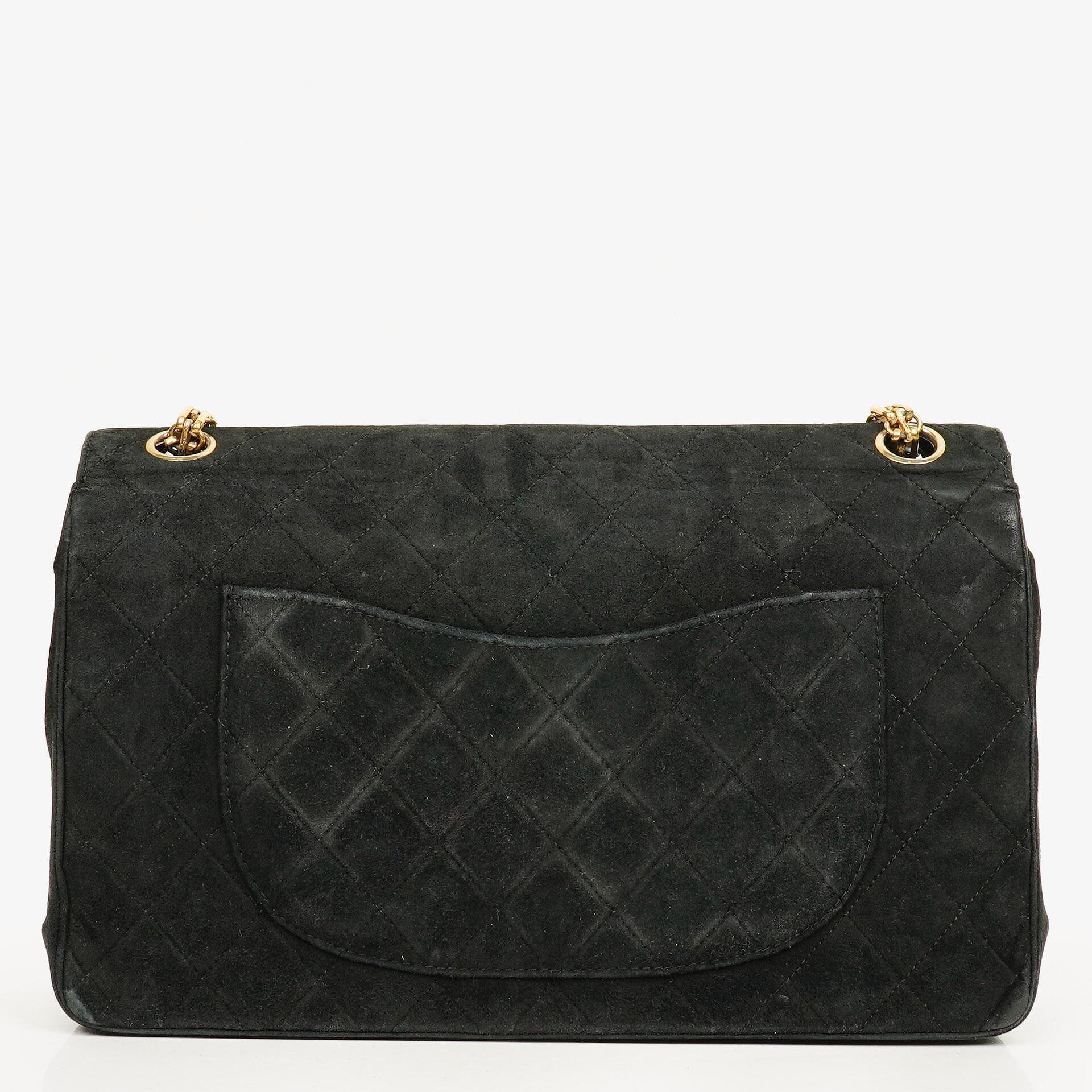 Chanel Vintage Medium Timeless Classic Double Flap Bag Black Quilted Suede With Gold-Tone Hardware And Mademoiselle Chain