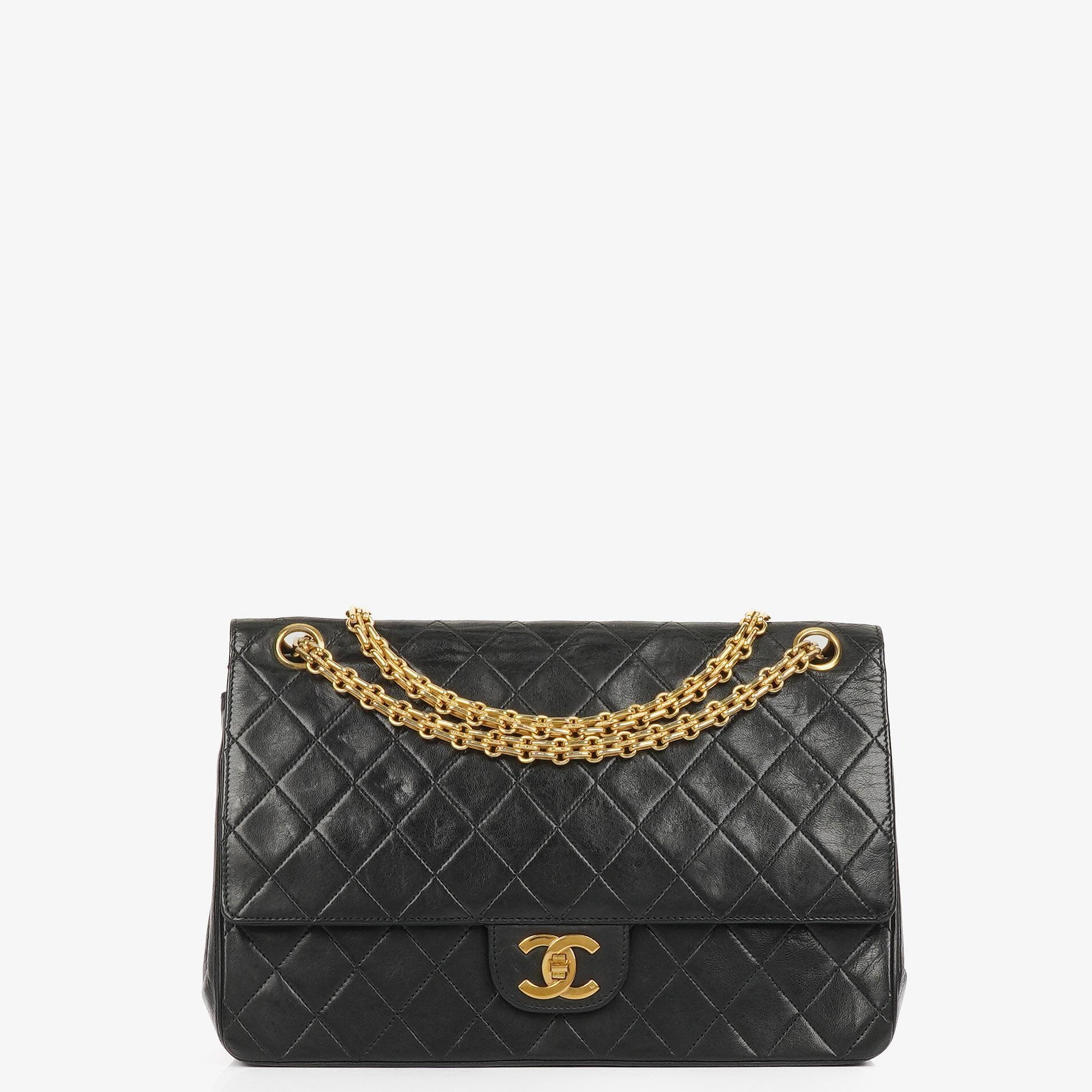 Chanel Vintage Medium Timeless Classic Double Flap Bag In Black Quilted Lambskin With 24K Gold-Plated Hardware And Mademoiselle Chain