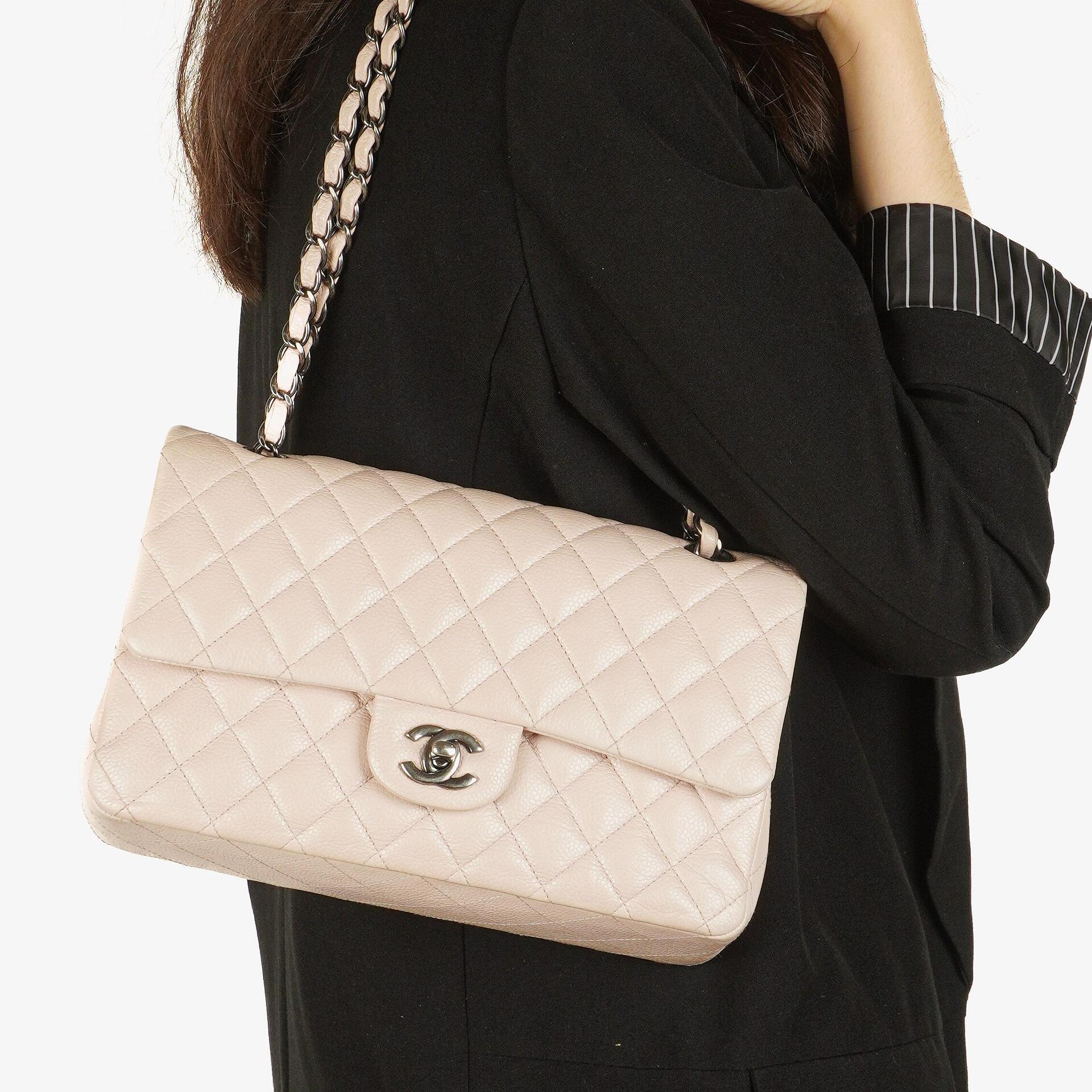 Chanel Medium Timeless Classic Double Flap Bag Ivory Caviar Quilted Lambskin Silver Plated Hardware