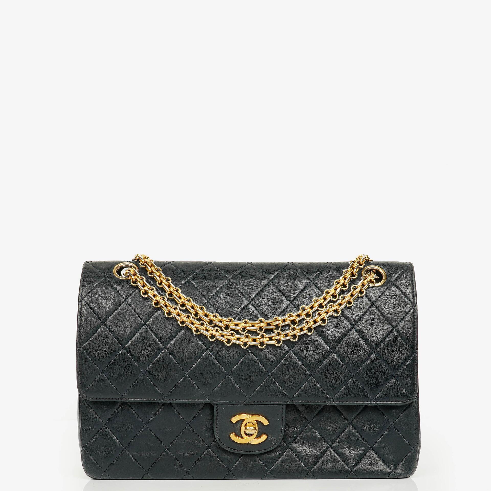 Chanel Vintage Medium Timeless Classic Double Flap Bag Navy Quilted Lambskin 24K Gold-Plated Hardware And Mademoiselle Chain
