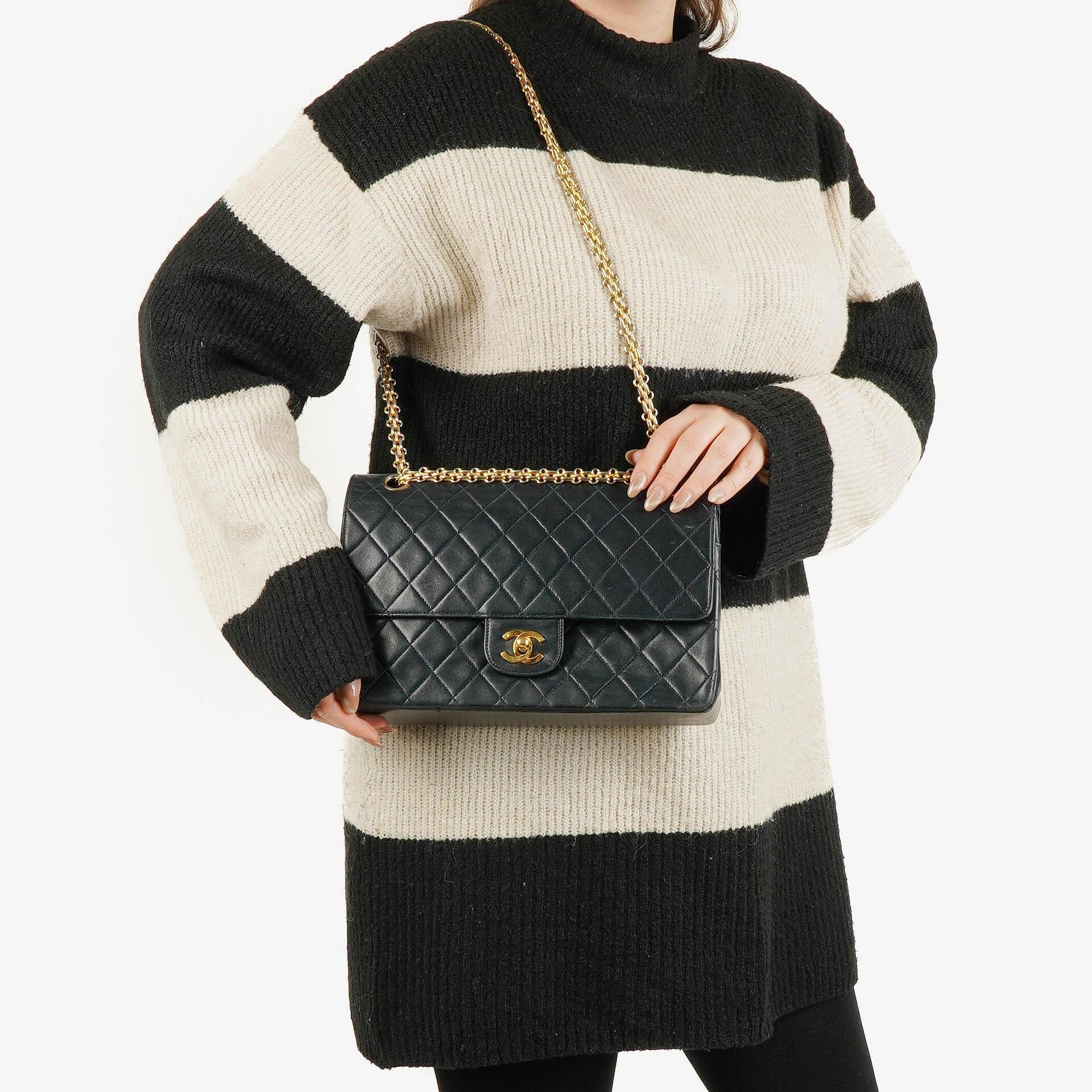 Chanel Vintage Medium Timeless Classic Double Flap Bag Navy Quilted Lambskin 24K Gold-Plated Hardware And Mademoiselle Chain