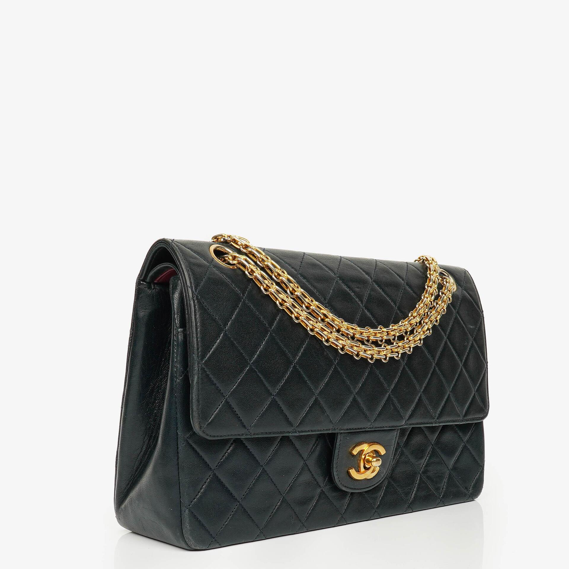 Chanel Vintage Medium Timeless Classic Double Flap Bag Navy Quilted Lambskin 24K Gold-Plated Hardware And Mademoiselle Chain