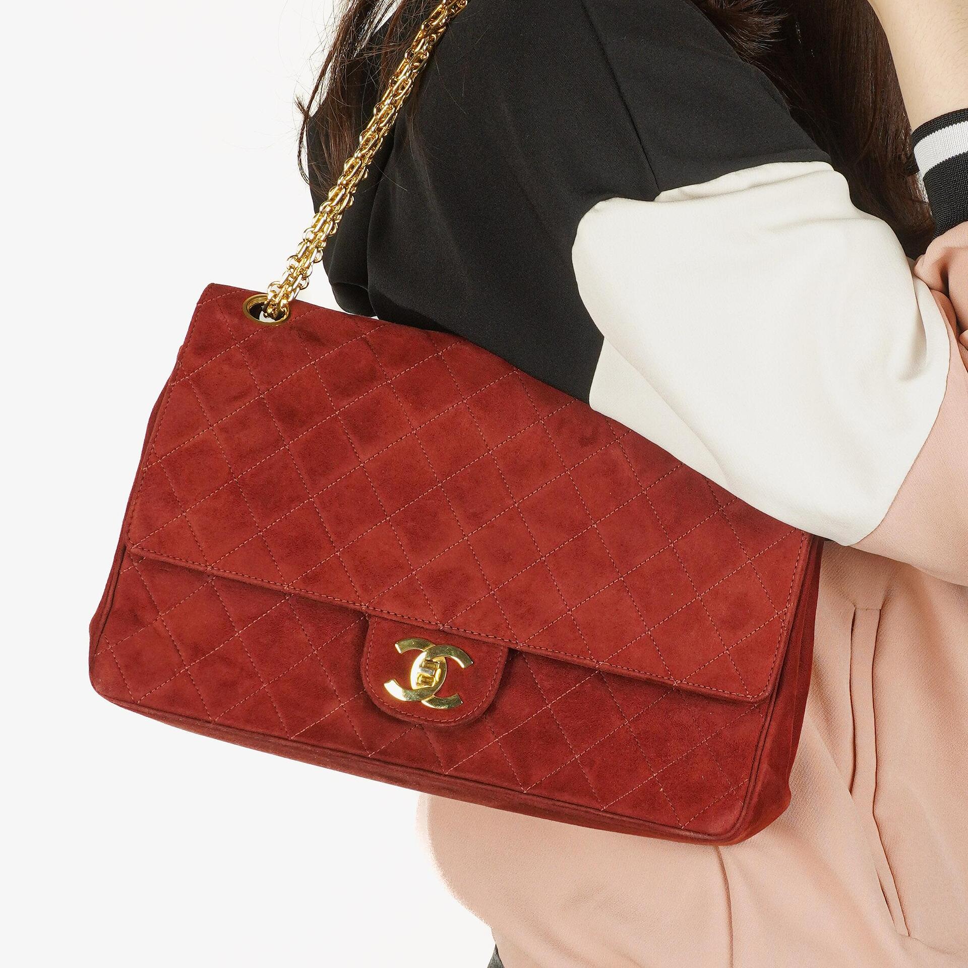 Chanel Vintage Medium Timeless Classic Double Flap Bag Suede Burgundy Gold-Toned Hardware And Mademoiselle Chain