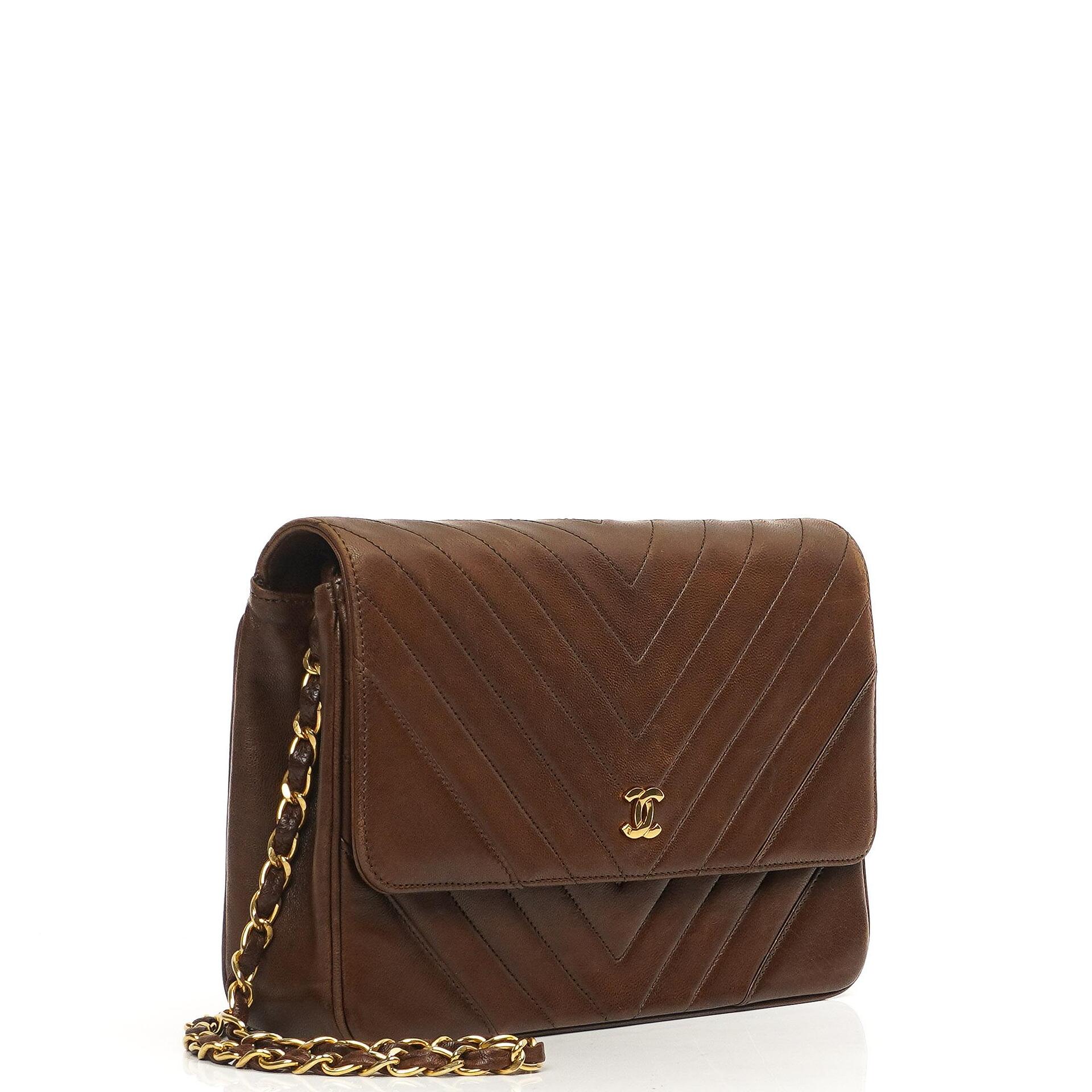 Chanel Medium Classic Single Flap Bag Brown Chevron Quilted Lambskin 24K Gold-Plated Hardware