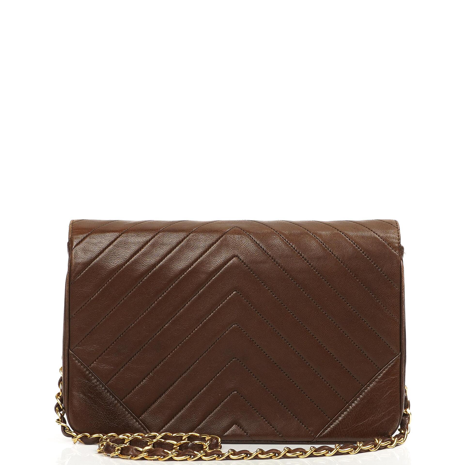 Chanel Medium Classic Single Flap Bag Brown Chevron Quilted Lambskin 24K Gold-Plated Hardware