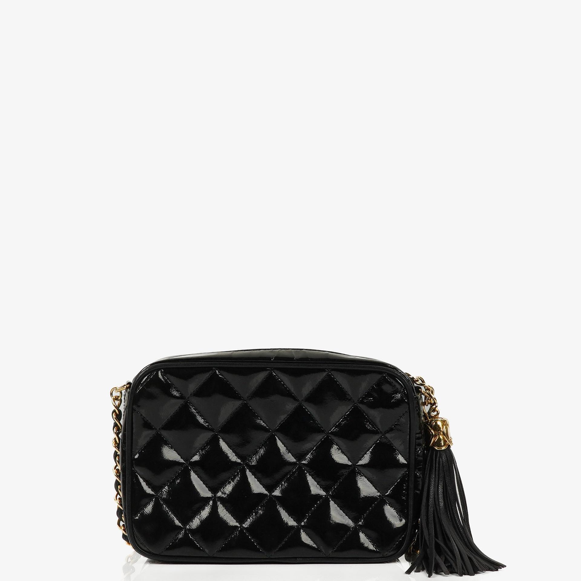 Chanel Vintage Small Camera Tassel Bag In Black Quilted Patent Leather