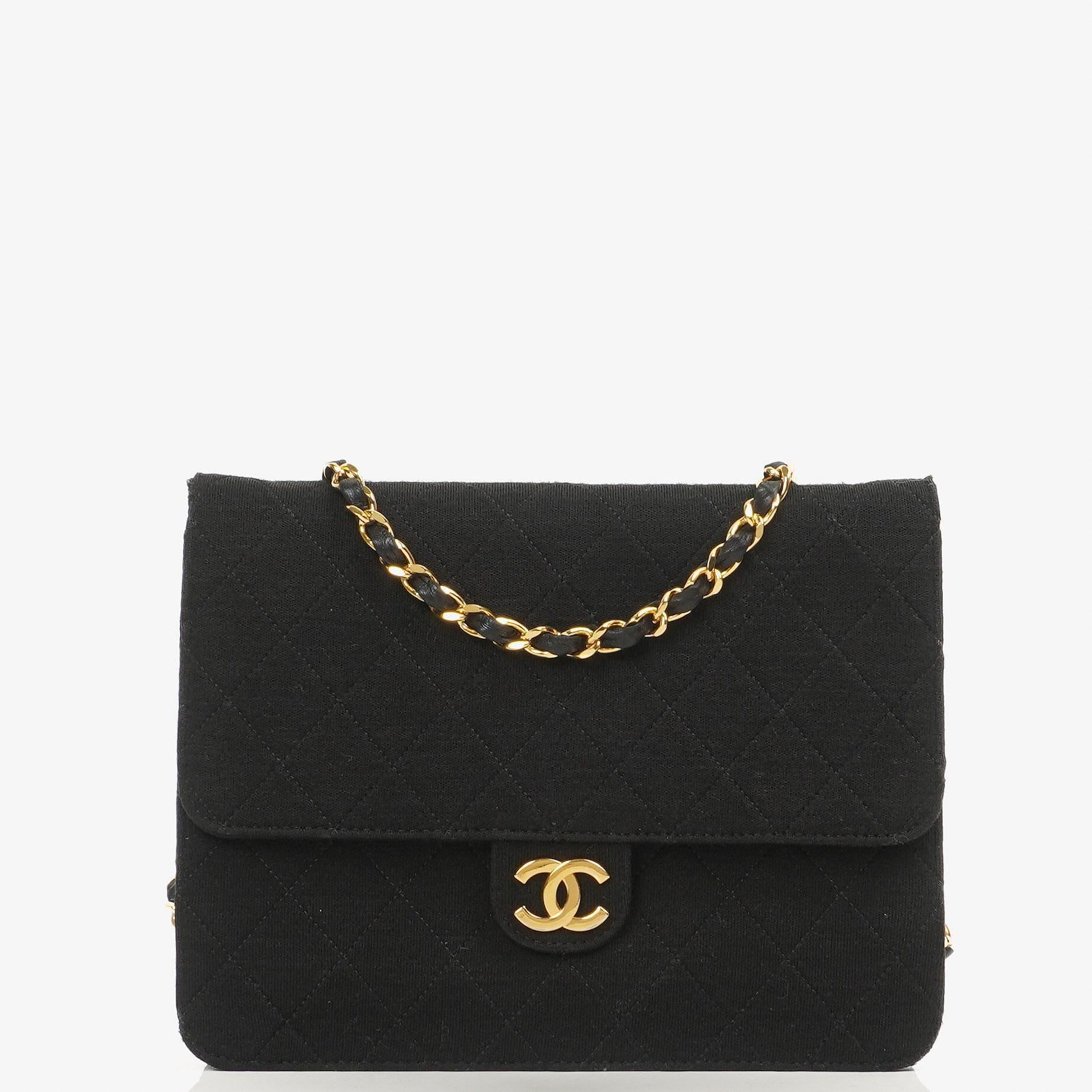Chanel Vintage Small Classic Black Quilted Jersey Single Flap Bag With 24K Gold-Plated Hardware
