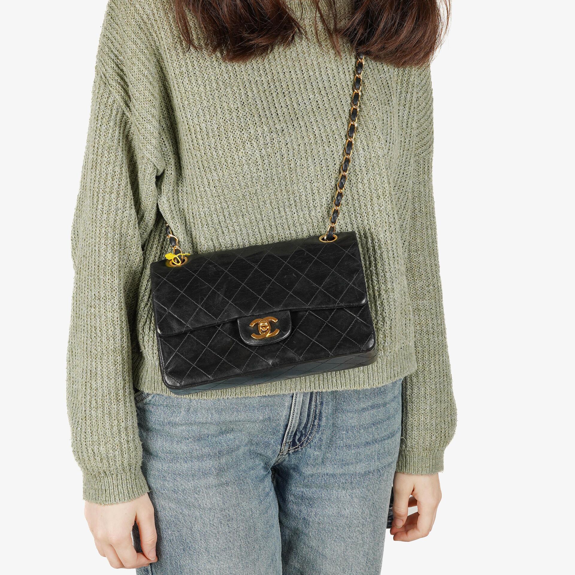 Chanel Vintage Small Classic Double Flap Bag Black Quilted Lambskin 24K Gold-Plated Hardware