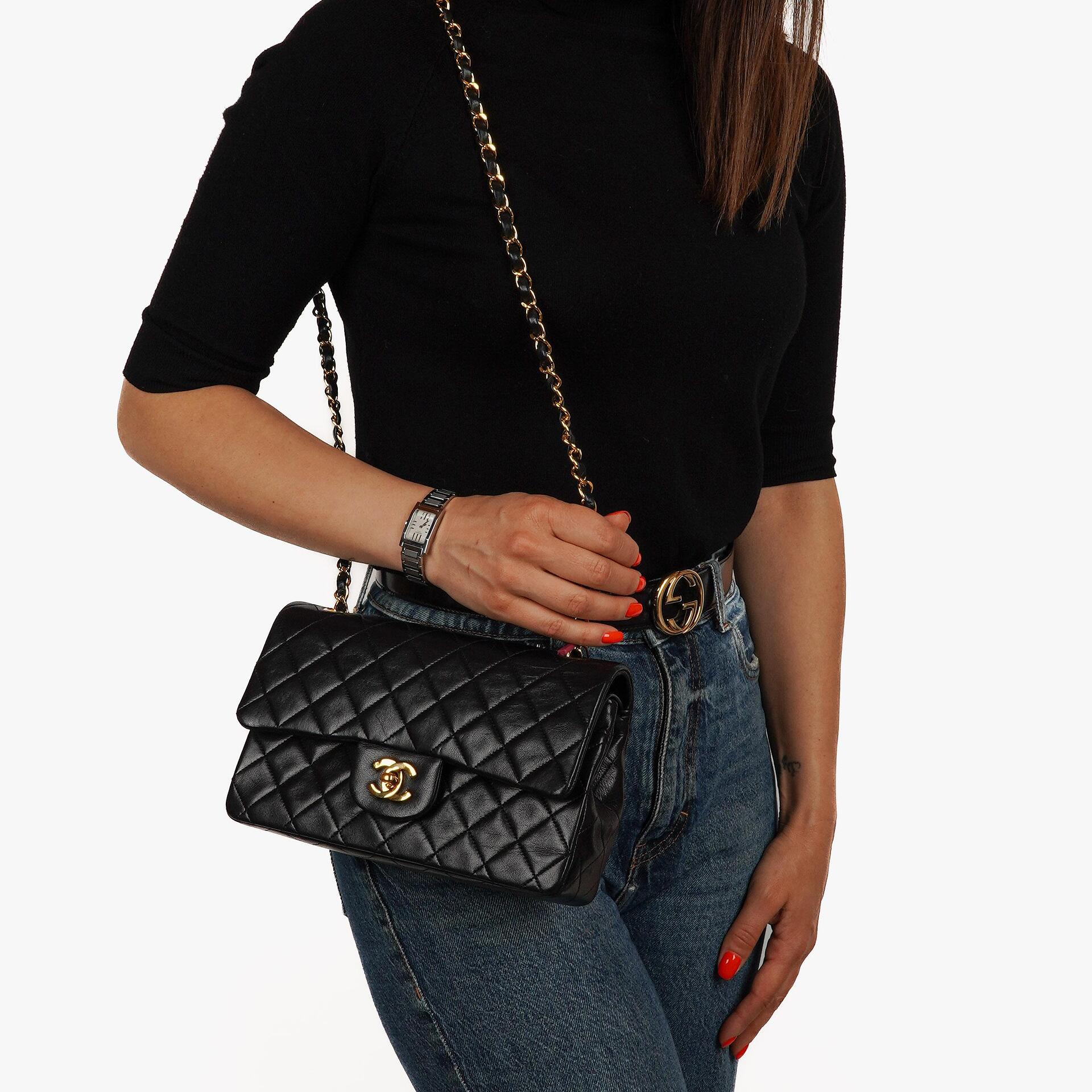 Chanel Vintage Small Classic Double Flap Bag Black Quilted Lambskin With 24K Gold-Plated Hardware