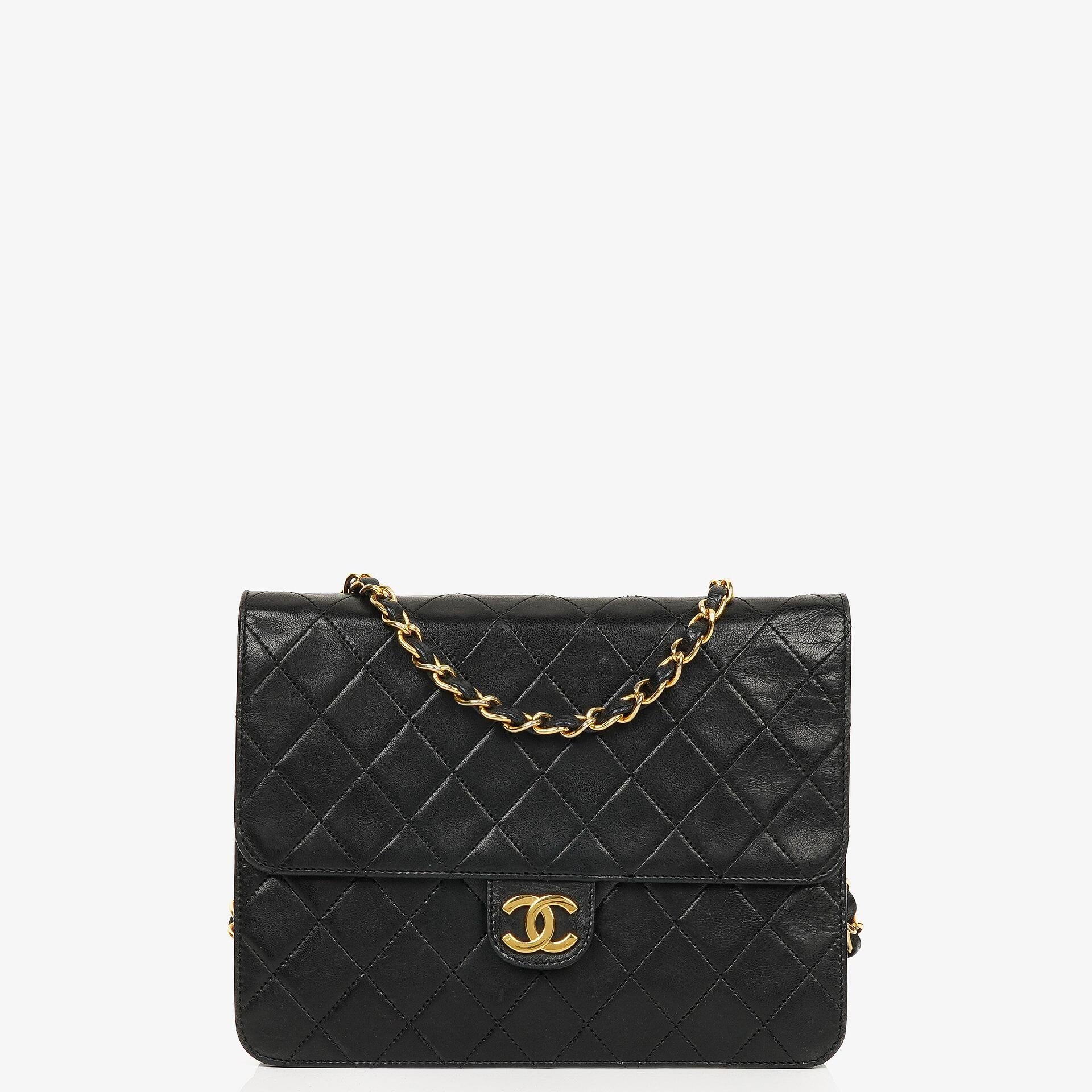 Chanel Vintage Small Classic Single Flap Bag Black Quilted Lambskin With 24K Gold-Plated Hardware