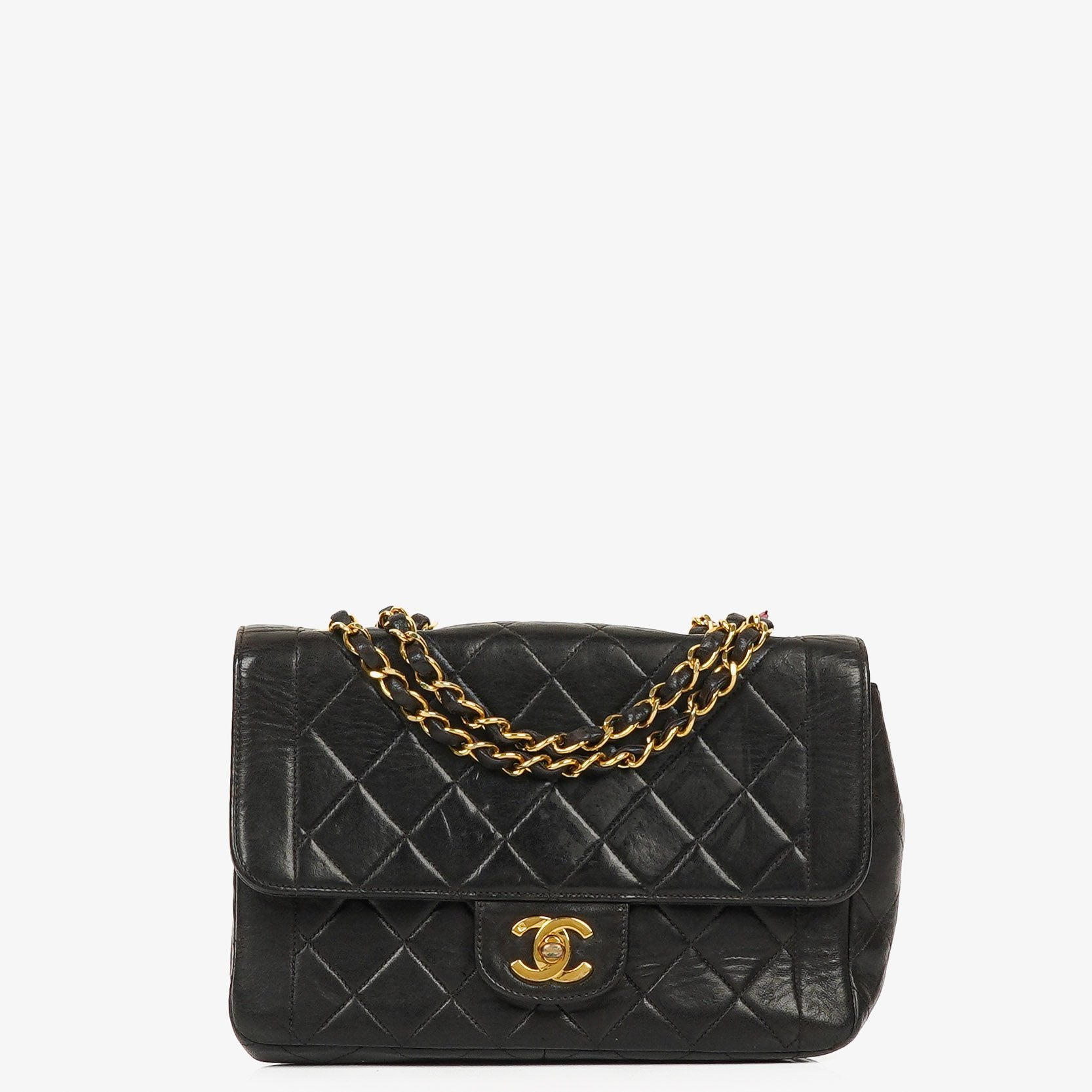 Chanel Vintage Small Single Flap Bag Black Quilted Lambskin With 24K Gold-Plated Hardware